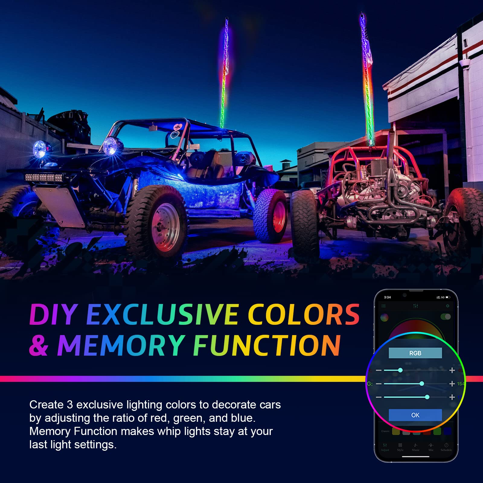 Ehaho 1 Pack 5Ft Whip Lights, Led Whip Light With App & Remote Control, Spiral Rgb Chasing Lighted Whips With Rocker Switch, Mus