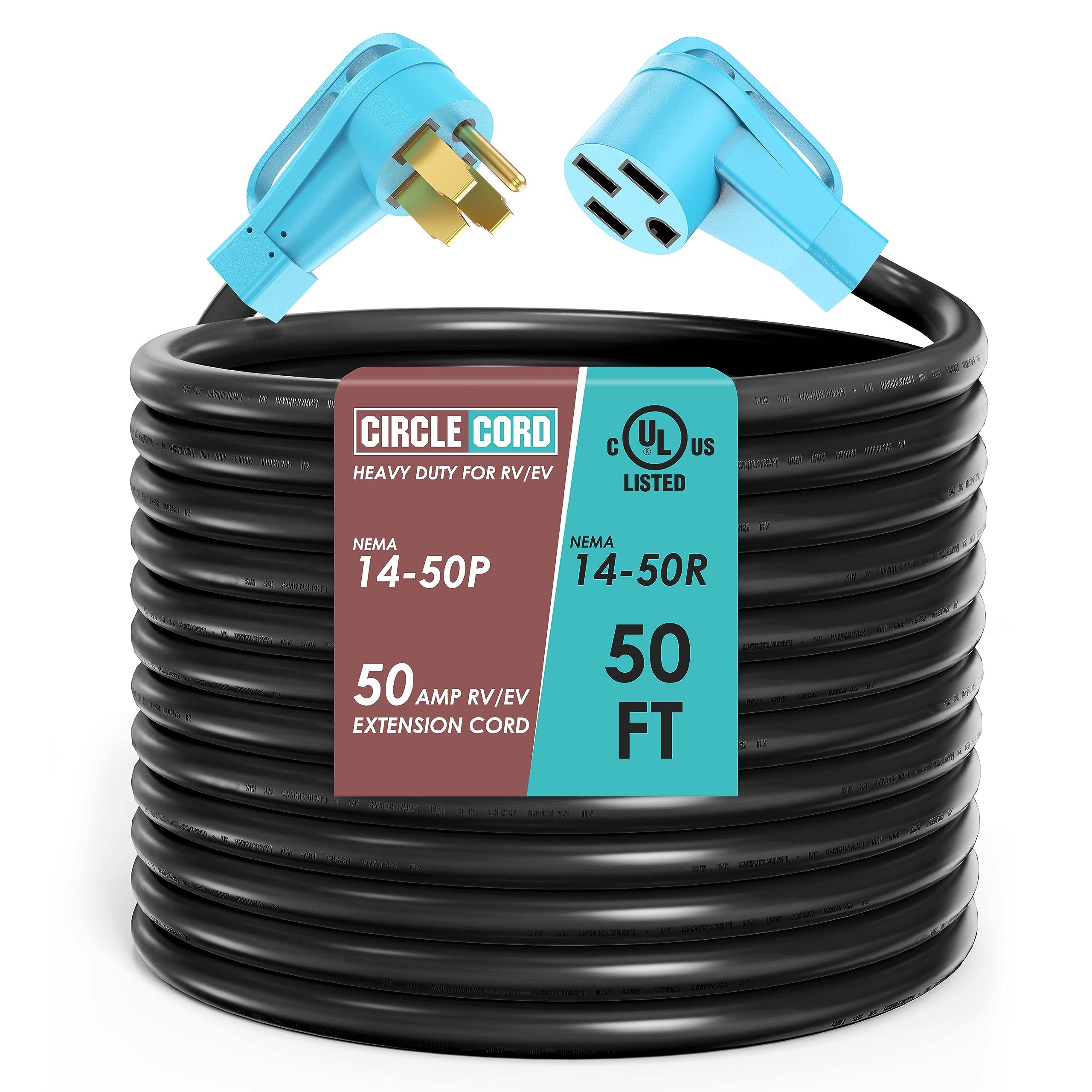 Circlecord Ul Listed 50 Amp 50 Feet Rv/Ev Extension Cord, Heavy Duty 6/3+8/1 Gauge Stw Wire, Nema 14-50P/R Suit For Tesla Model