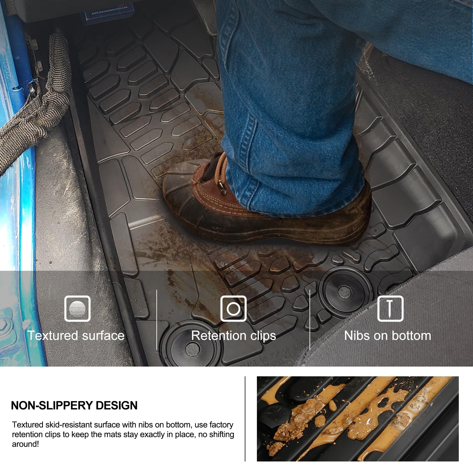 KIWI MASTER Floor Mats for 2014-2017 Jeep Wrangler JK 2-Door Front & Rear 2 Row All Weather TPE Mat Slush Liners Black