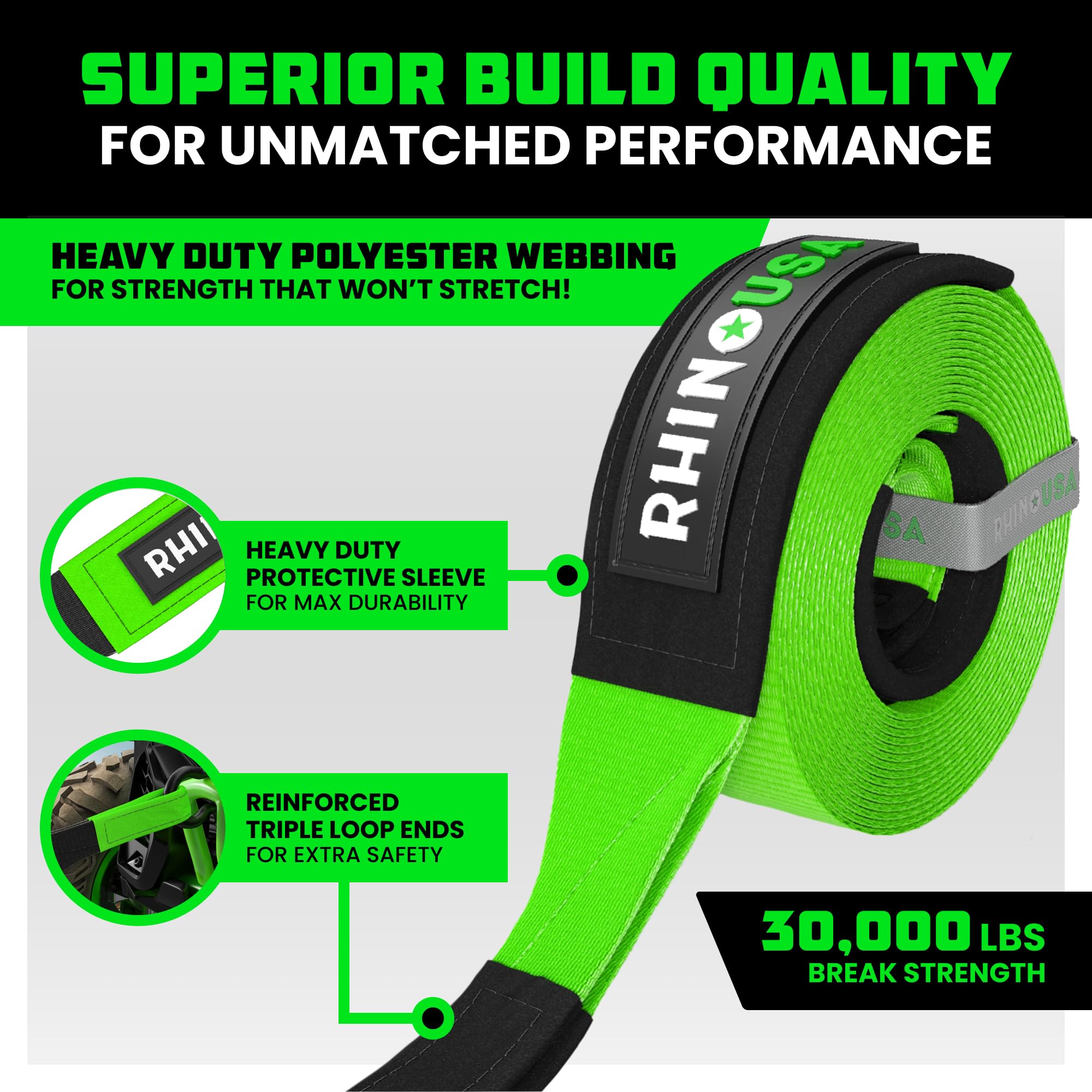 Rhino USA Recovery Tow Strap - 4" x 30', 40,320lb Break Strength, Heavy Duty Polyester Towing Strap for Diesel Trucks & Offroad Use - Green