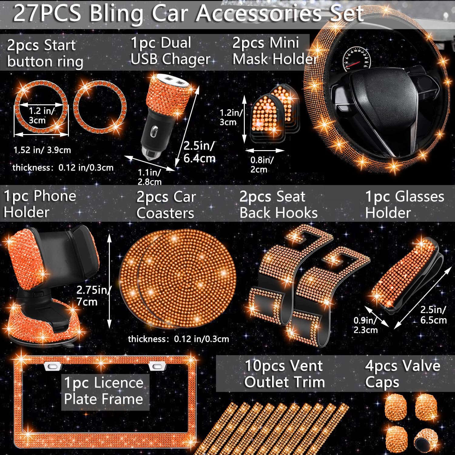 NBTEPEM 27 PCs Orange Bling Car Accessories Set, Universal 15" Steering Wheel Covers, Bling License Plate Frame, Phone Holder, Coasters