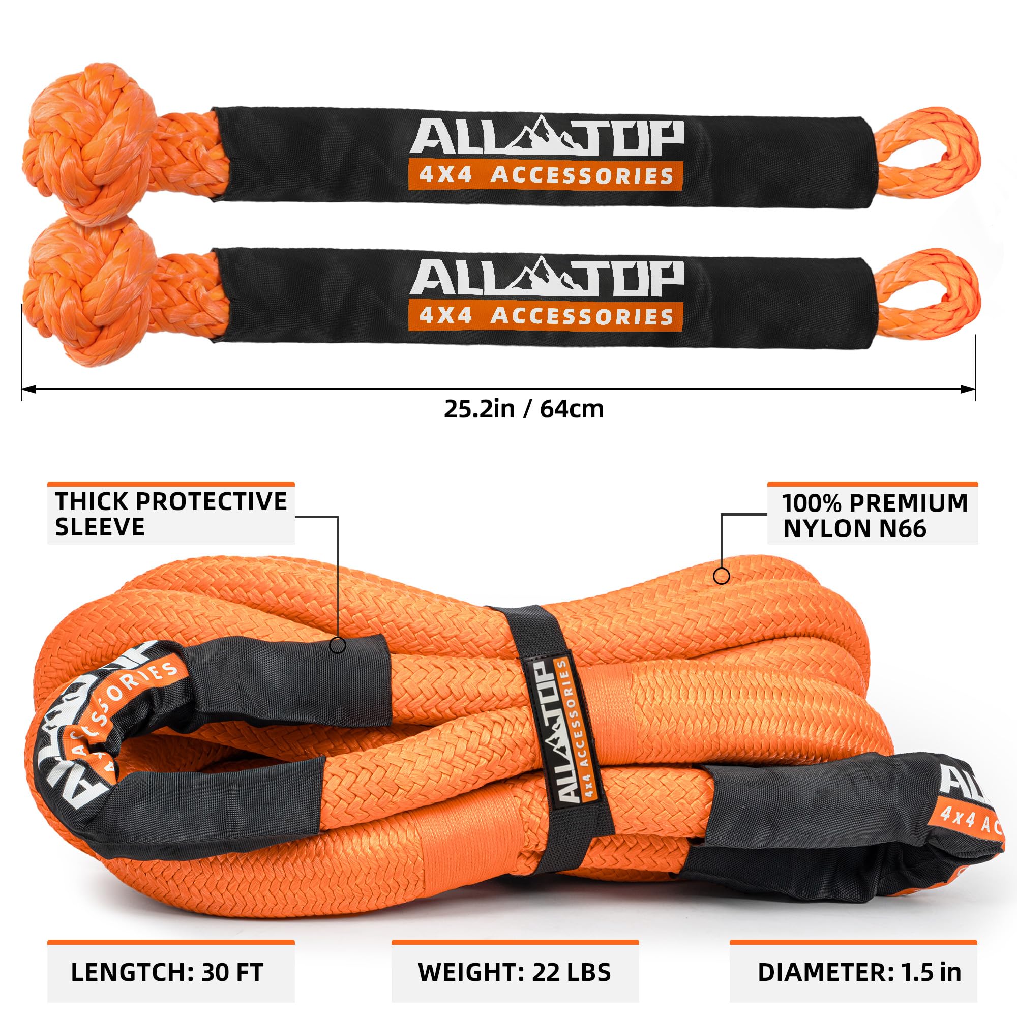 ALL-TOP Kinetic Recovery Rope Kit - 30ft, 83000Lbs, Nylon, Orange, 2 Soft Shackles, Model ATKRR25 for 4x4 Offroad