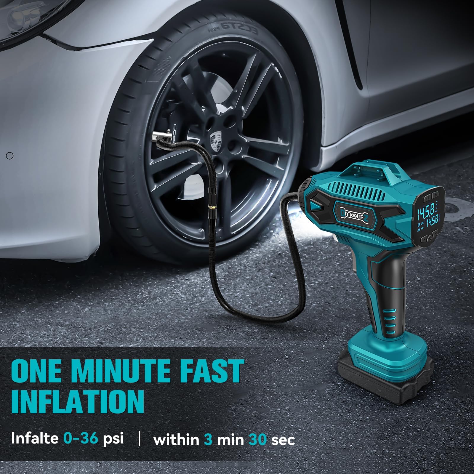 DIYtoolifz Cordless Tire Inflator Air Compressor for Makita 18V Battery, Portable Pump with Digital Pressure Gauge, Turquoise, Model SKU120920002