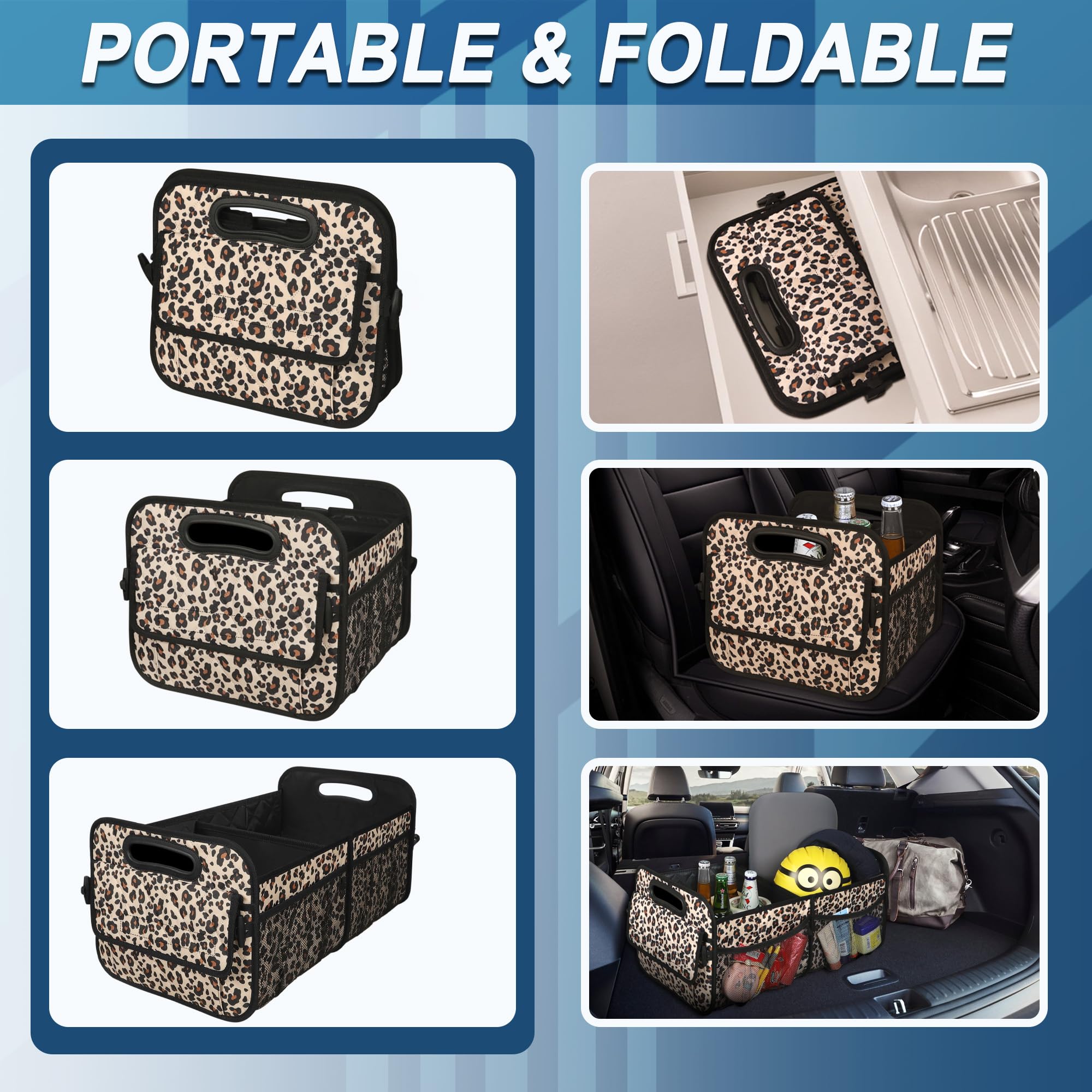 Deosk Car Trunk Organizer, 50L Waterproof Polyester, Medium Size, Leopard Print, 6 Pockets for SUV/Minivan/Truck