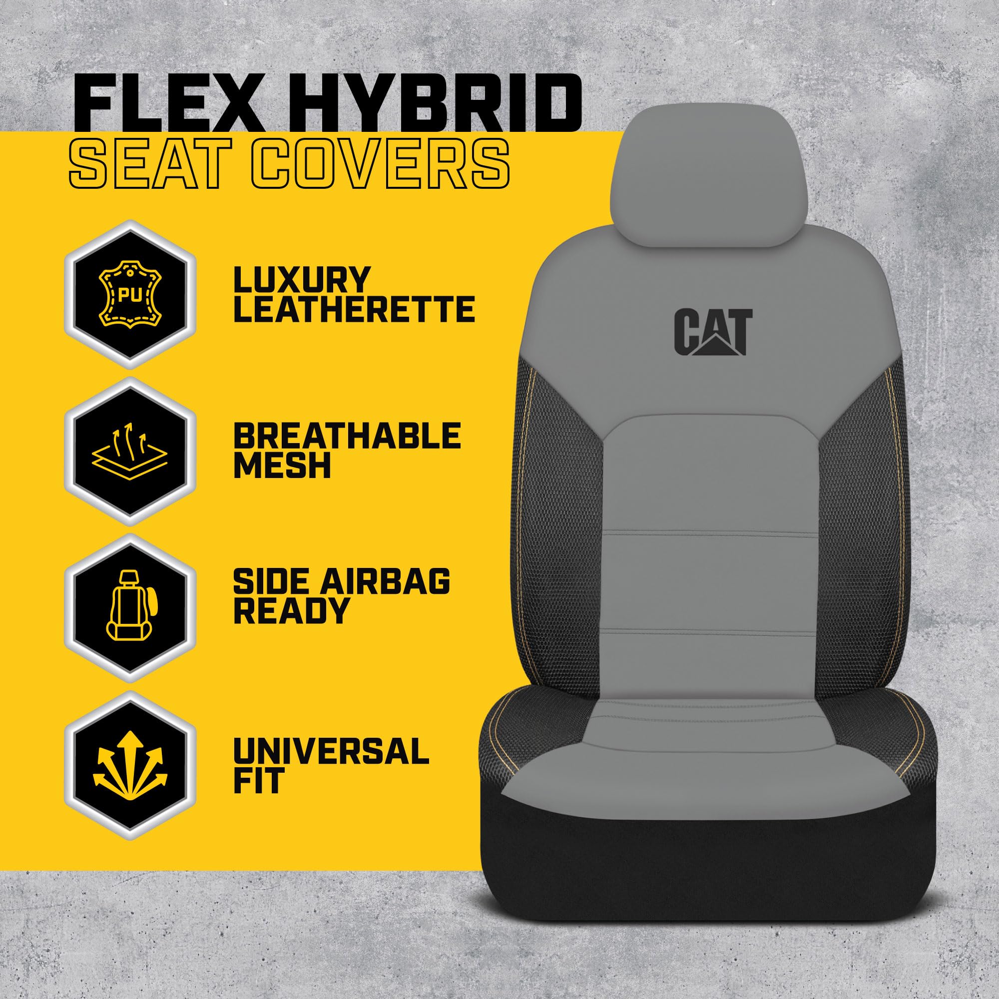 Cat FlexHybrid Car Seat Covers - Premium Faux Leather & Mesh, Universal Fit, Gray, Model CASC-2434-GR, Front Seats Only