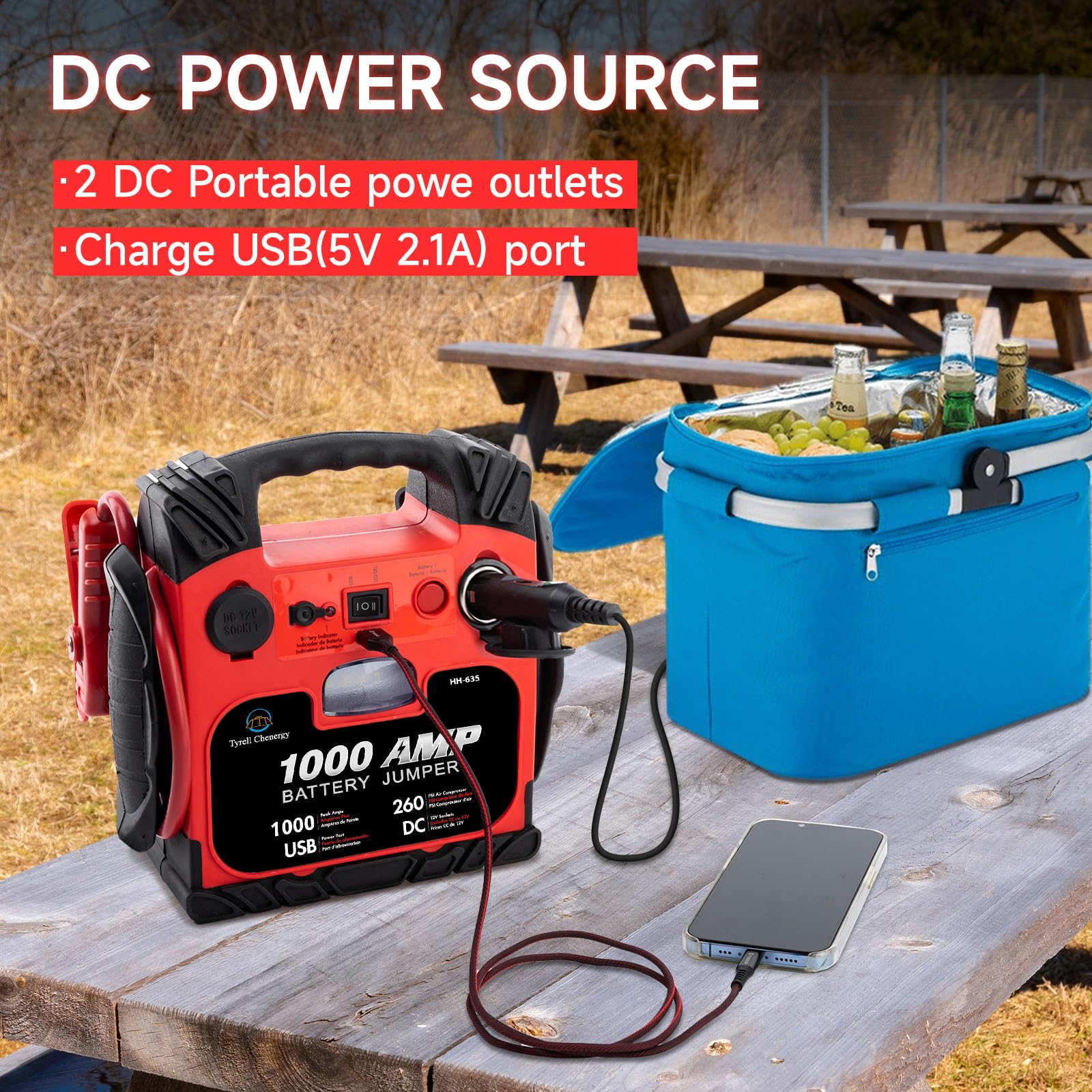 Tyrell Chenergy 1000Amp Car Battery Jump Starter & Air Compressor, HH635, 12V Power Station with USB Port & LED Light, 260PSI