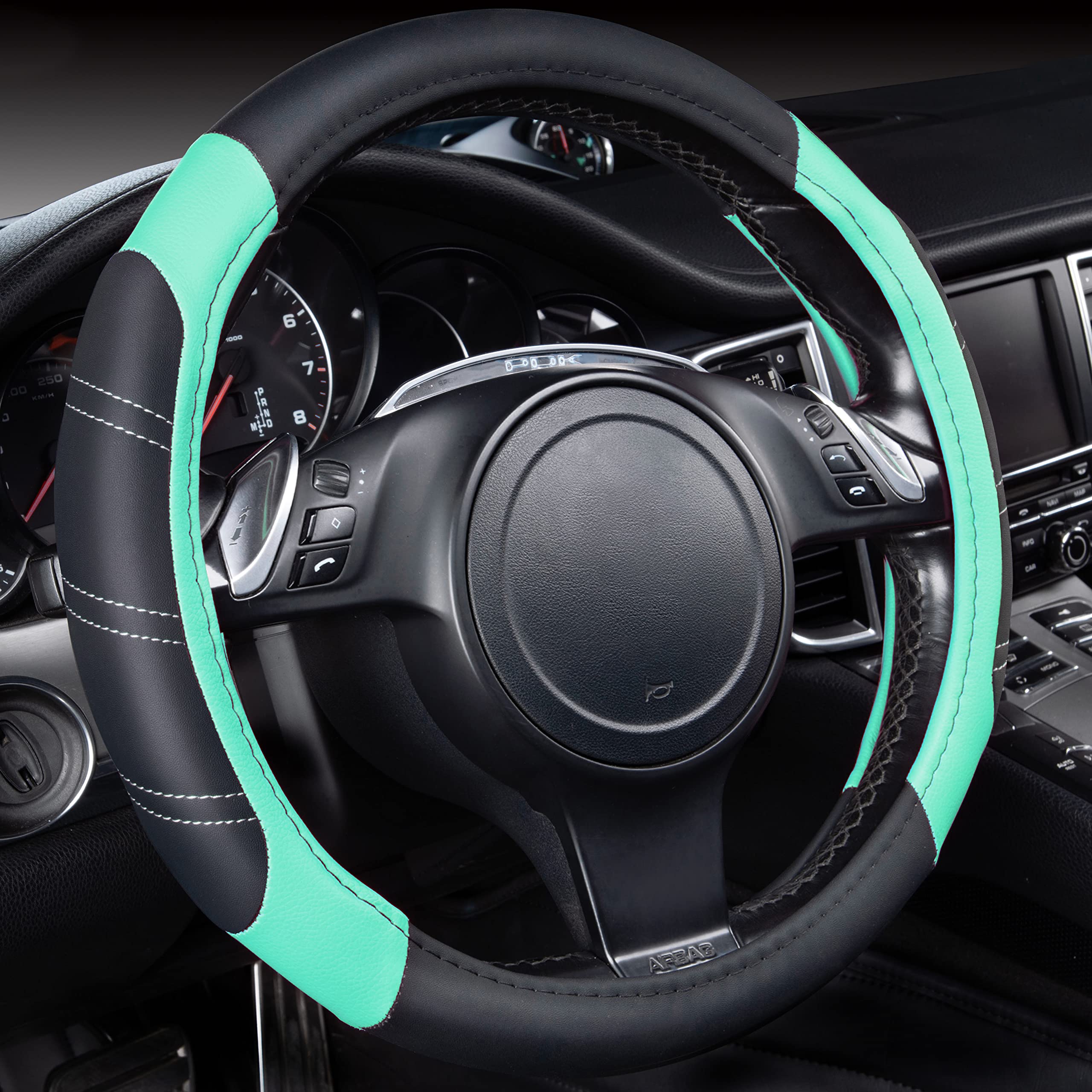 Car Pass Line Rider Microfiber Leather Sporty Steering Wheel Cover Universal Fits For 95% Truck,Suv,Cars, 14.5-15 Inch Anti-Slip