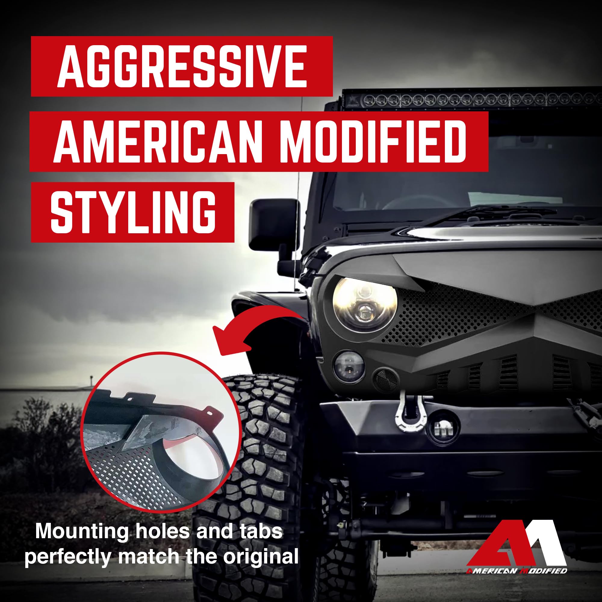 AM AMERICAN MODIFIED Hawke Front Grille Cover for Jeep Wrangler JK/JKU 2007-2018, Matte Black, Durable Plastic, Model AMJPAA00114