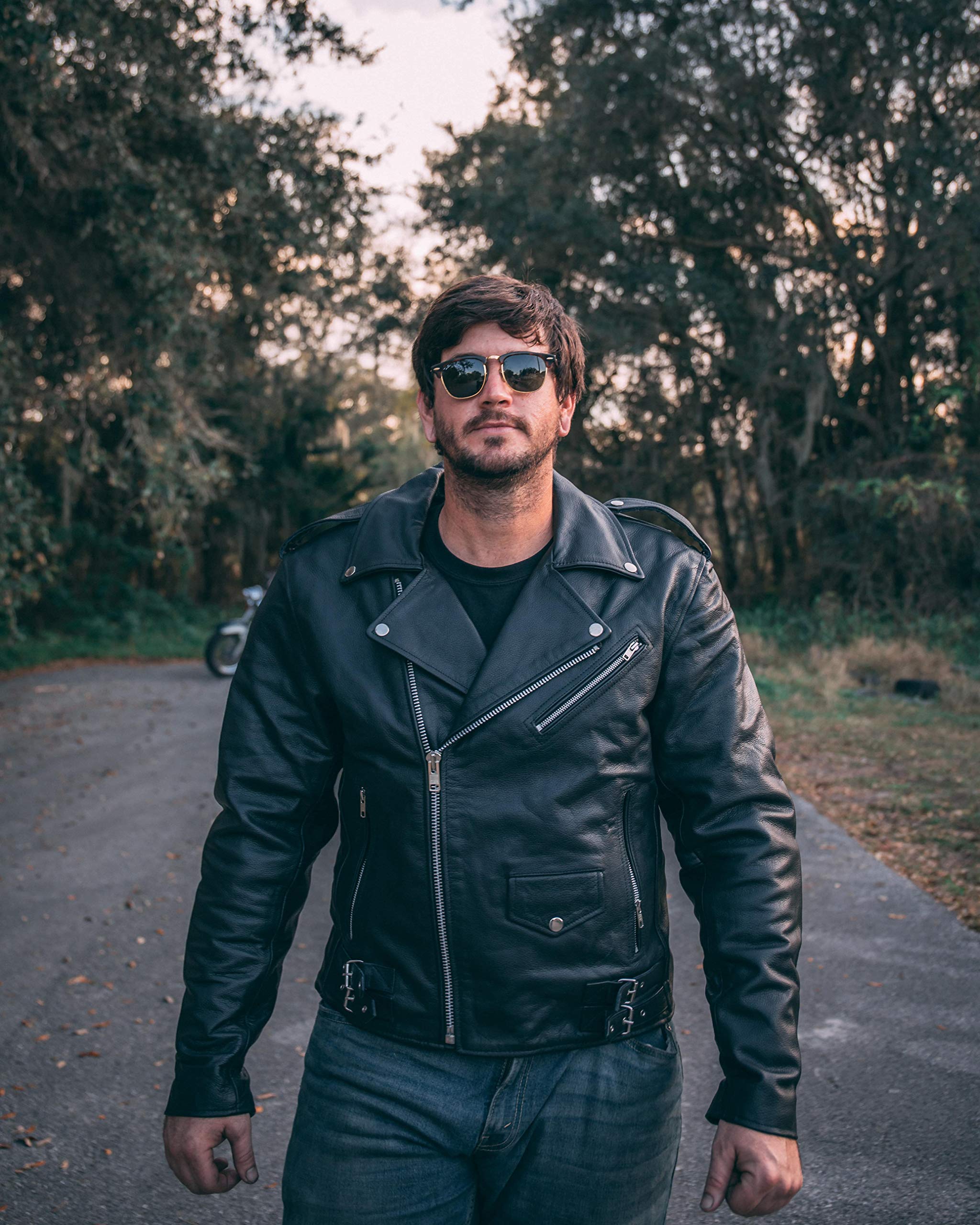HWK Brando Leather Motorcycle Jacket for Men, Black, XX-Large, Genuine Leather, Removable CE Armor, Weather Resistant
