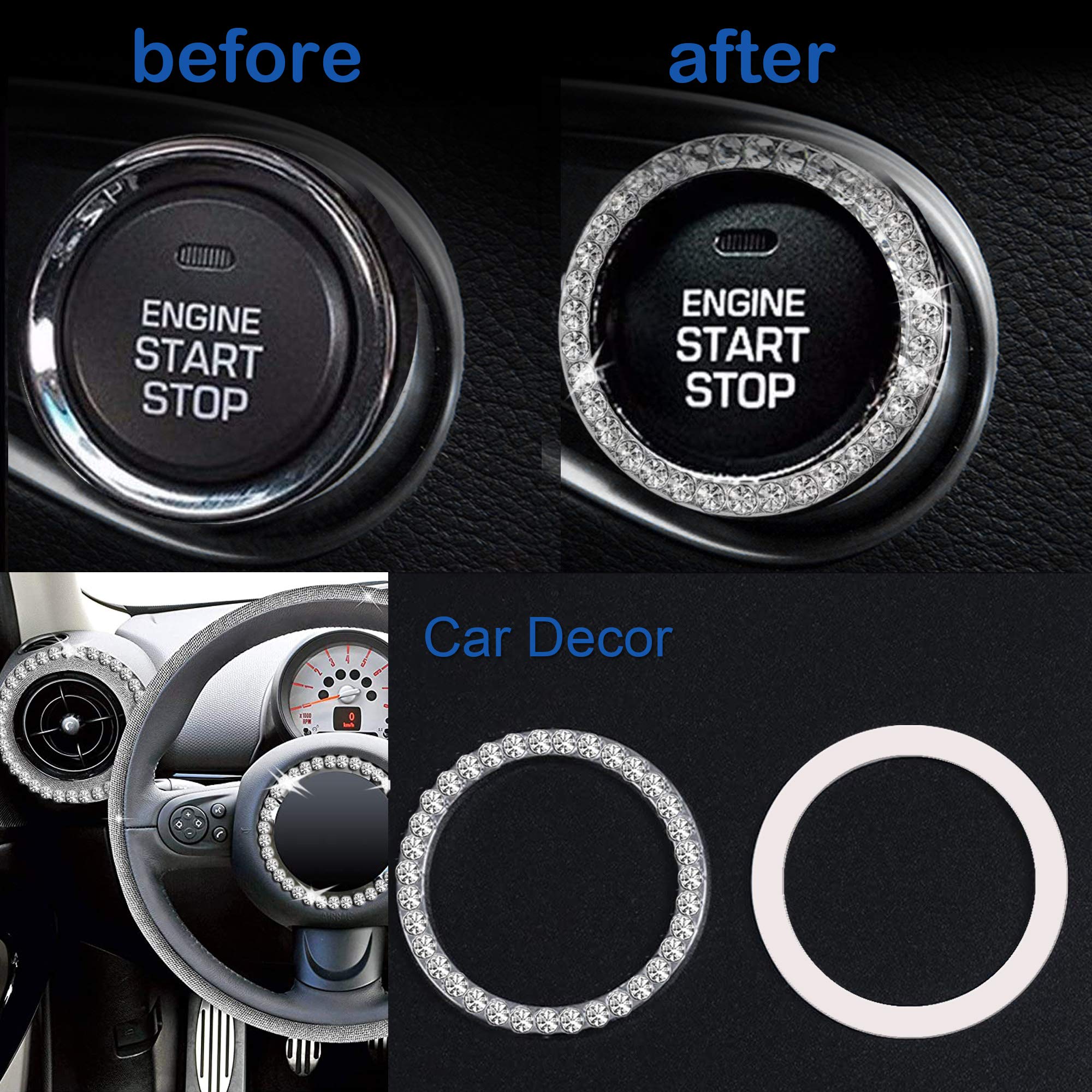 Orrdice 4Pcs Crystal Rhinestone Ring For Car Decor, Car Volume And Tune Knobs Ring Emblem Sticker,Auto Engine Start Stop Decorat