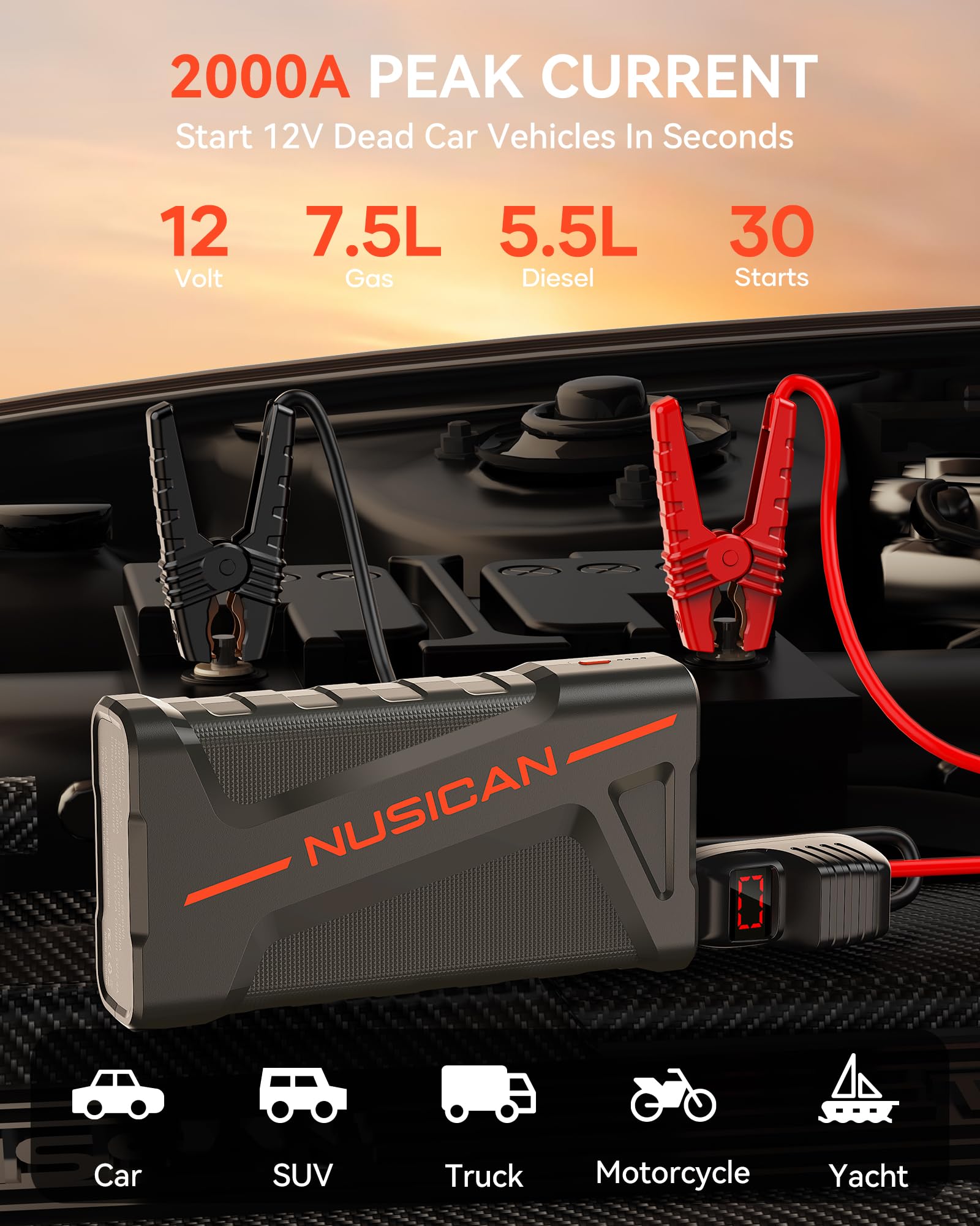 NUSICAN 2000A Portable Car Jump Starter - 12V Battery Pack for Gas/Diesel Engines, Safety Clamps & LED Lights, Compact Design