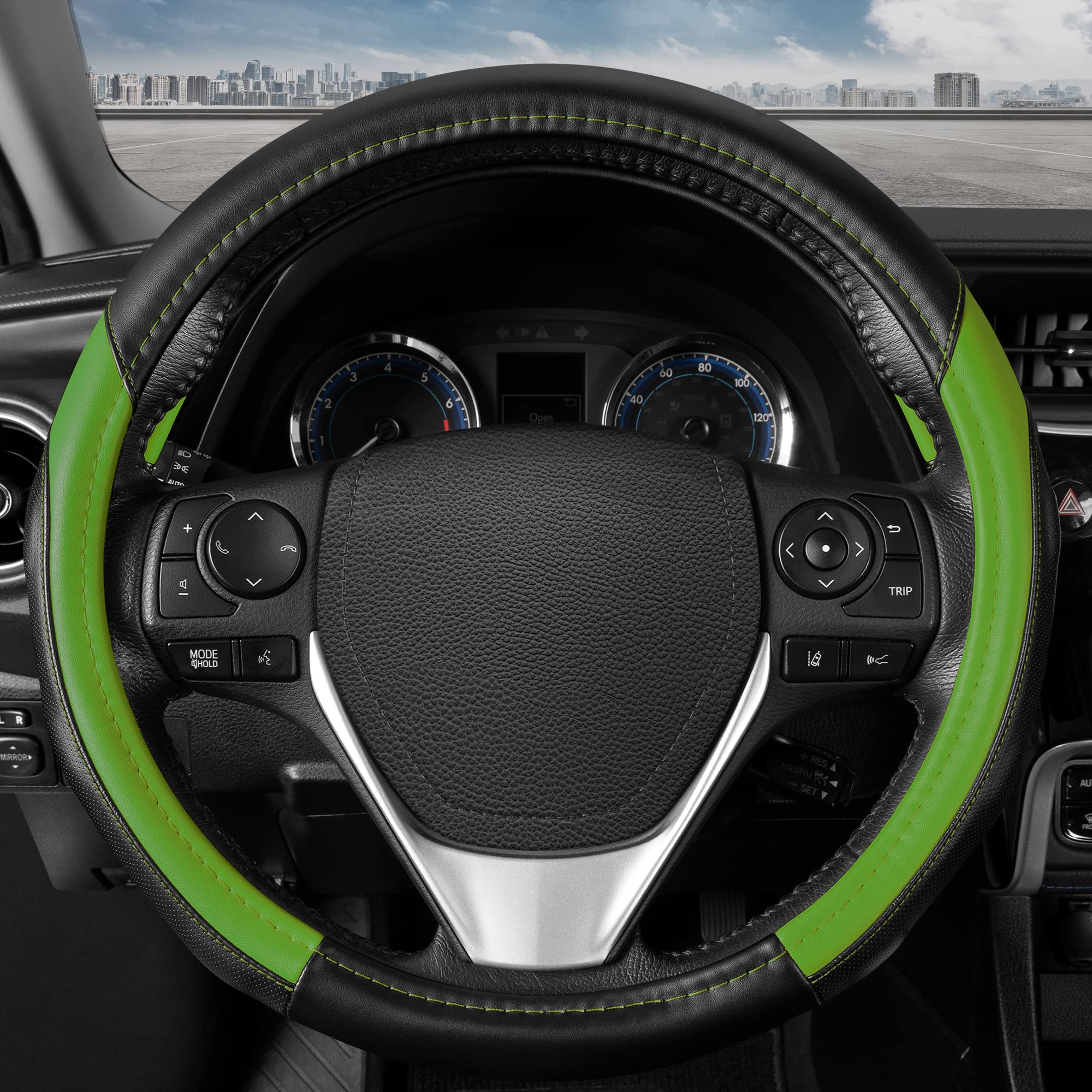 Motor Trend Sportdrive Faux Leather Steering Wheel Cover, Standard 15 Inch Size, Two-Tone Black & Green, Car Steering Wheel Cove