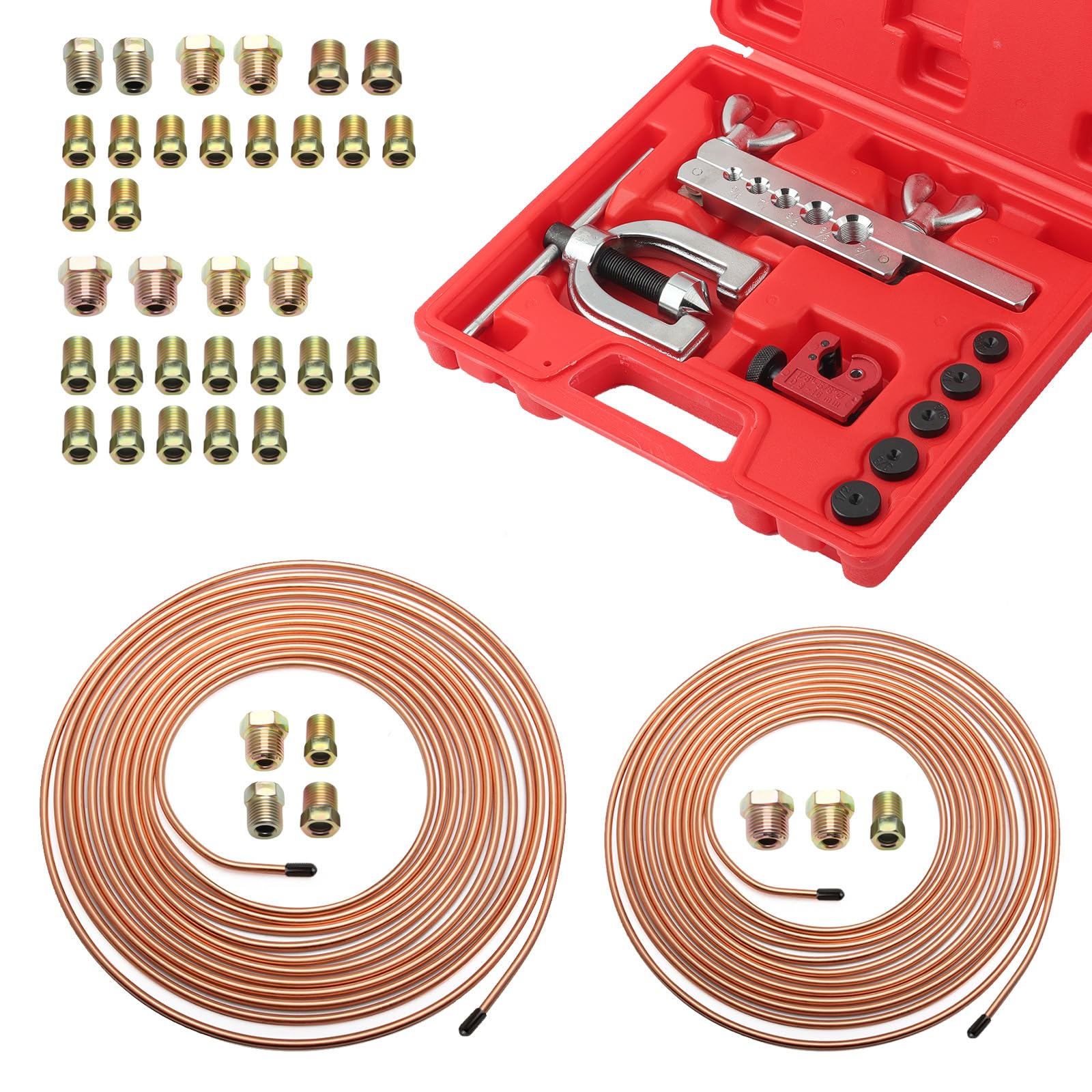 25Ft 1/4 and 3/16 Brake Line Kit,Single & Double Brake Line Flaring Tool Kit with 32 Inverted Fittings and Brakes Flare Tool Kit