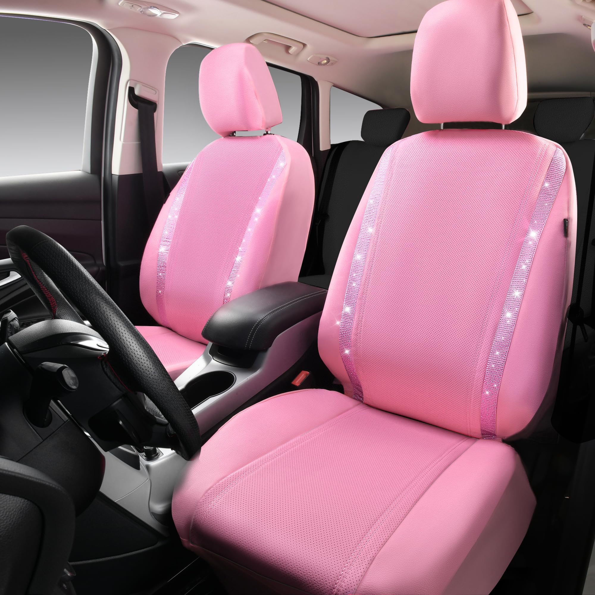 CAR PASS Bling Car Seat Covers, Waterproof Faux Leather, Pink, Two Front Seats, Rhinestone Sparkle for Women