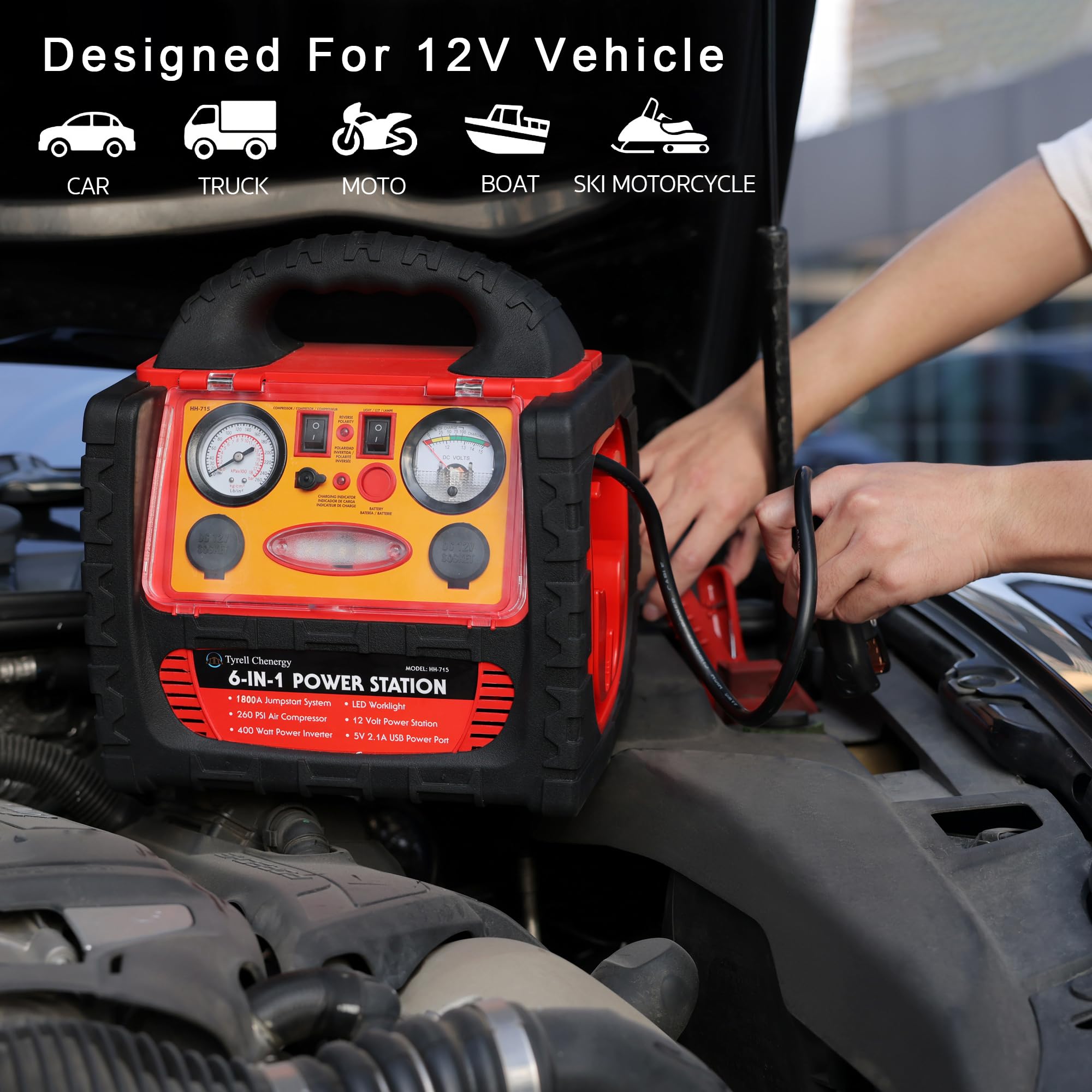 Tyrell Chenergy 1800 Amp Car Jump Starter & Air Compressor, 260 PSI Inflator, 400W Inverter, Model HH715a
