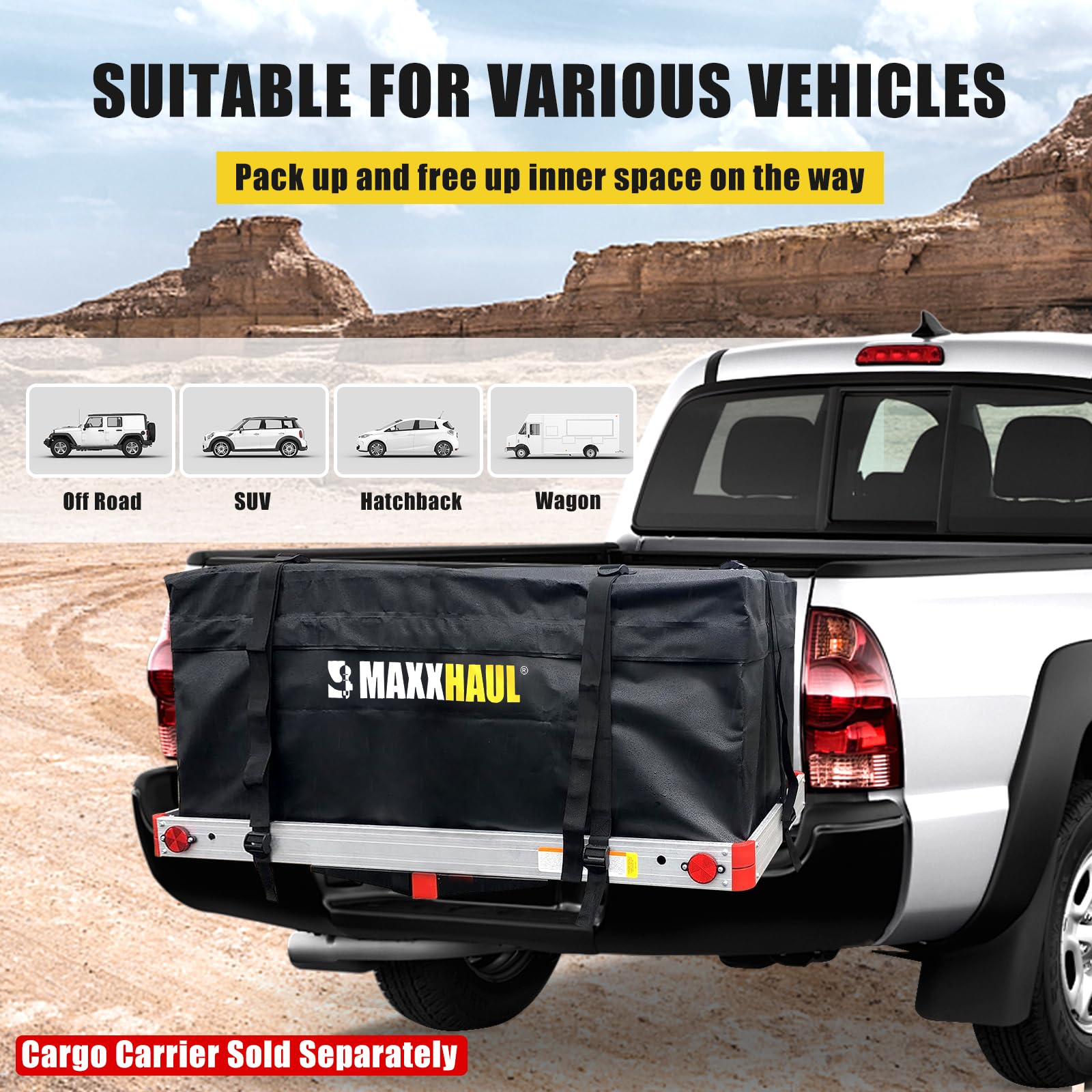 MAXXHAUL Soft Shell Cargo Carrier Bag - Heavy Duty, Water Resistant, 47"x20"x20", Black, Model 70209 with Tie Down Straps