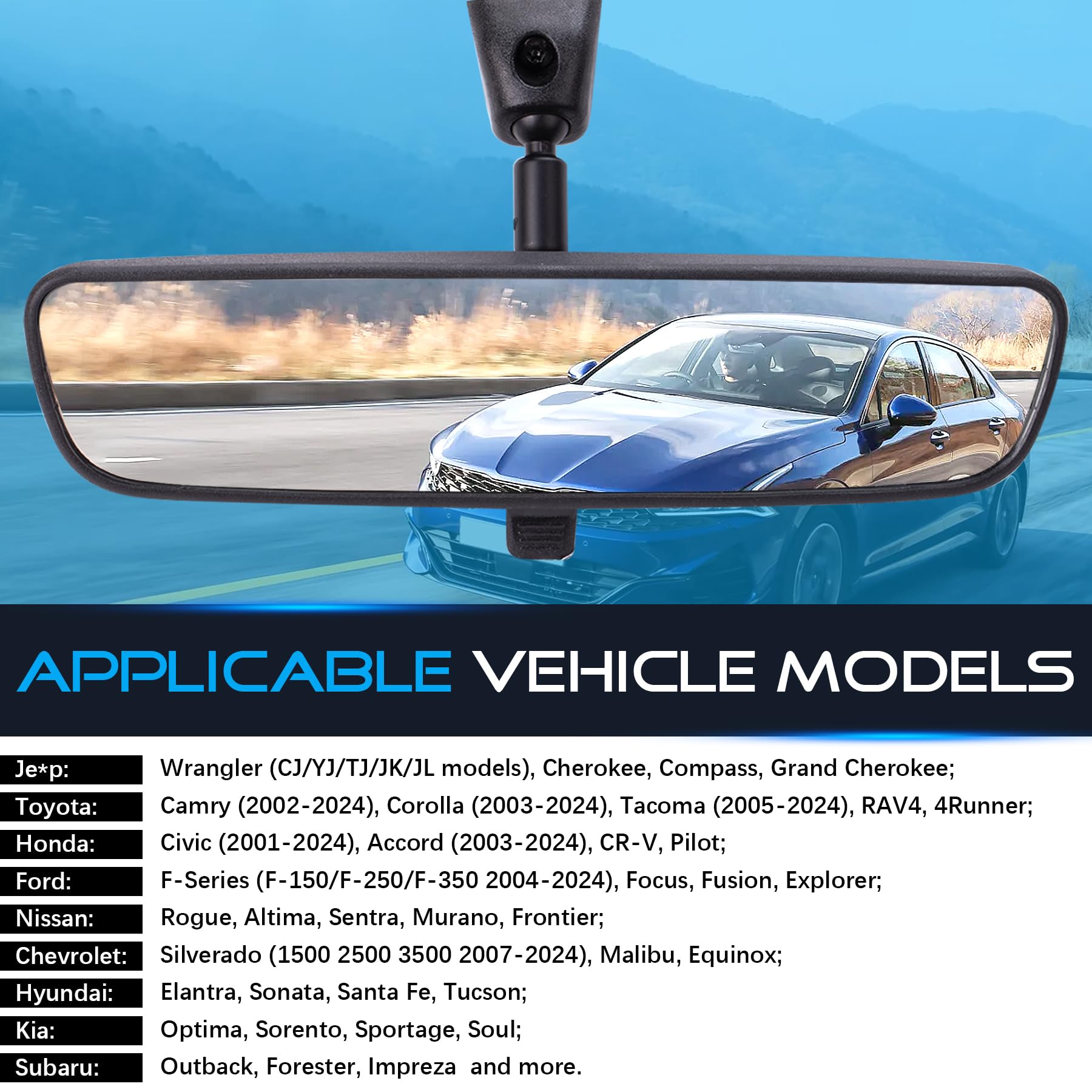 MRELC 10.6    Rear View Mirror, Compatible with Wrangler Toyota Corolla Camry Tacoma Ford F150 Focus Kia Optima Soul Sorento Nis