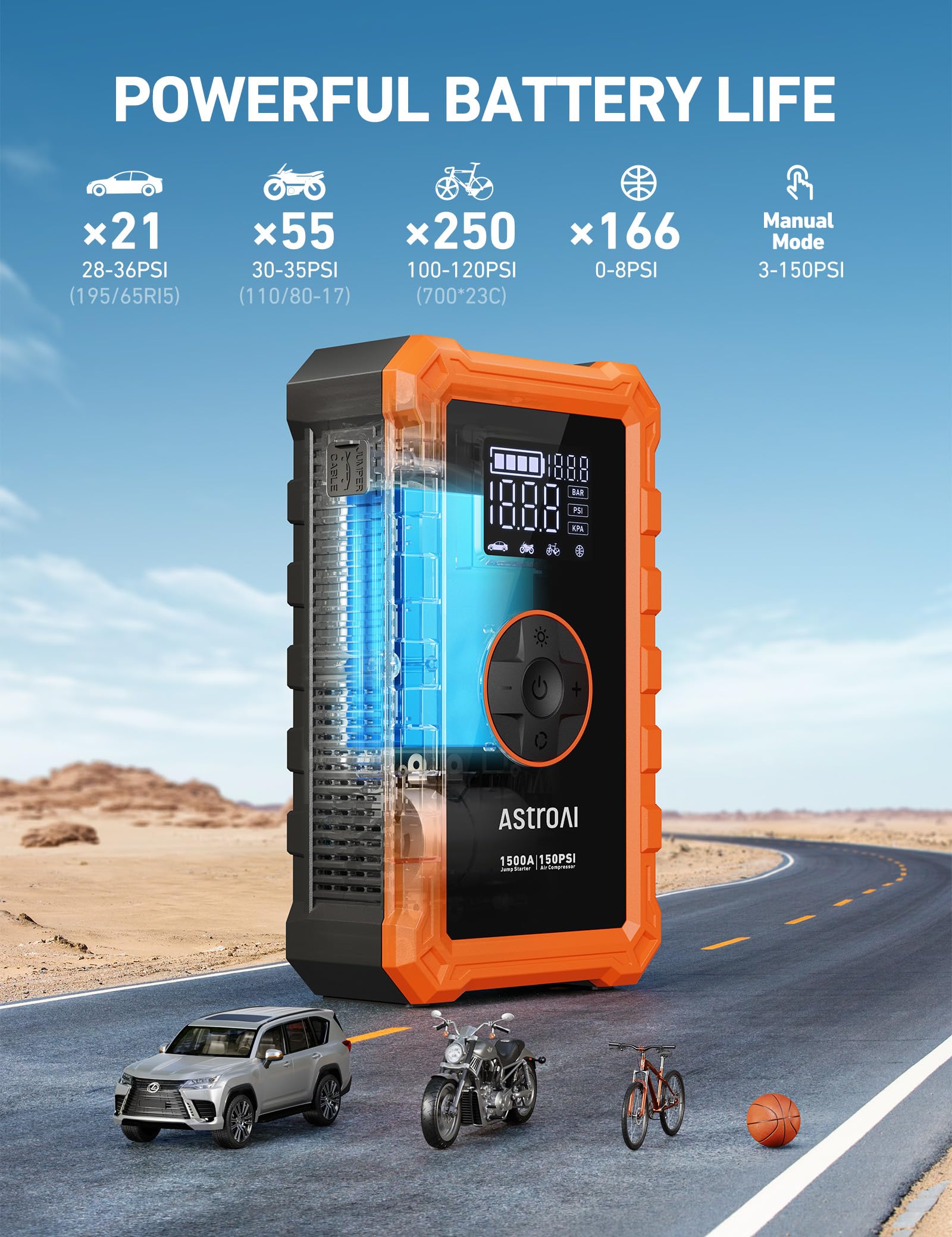AstroAI S8 Air Jump Starter & Tire Inflator, 3000A Peak, 150PSI, Portable, Large, Orange