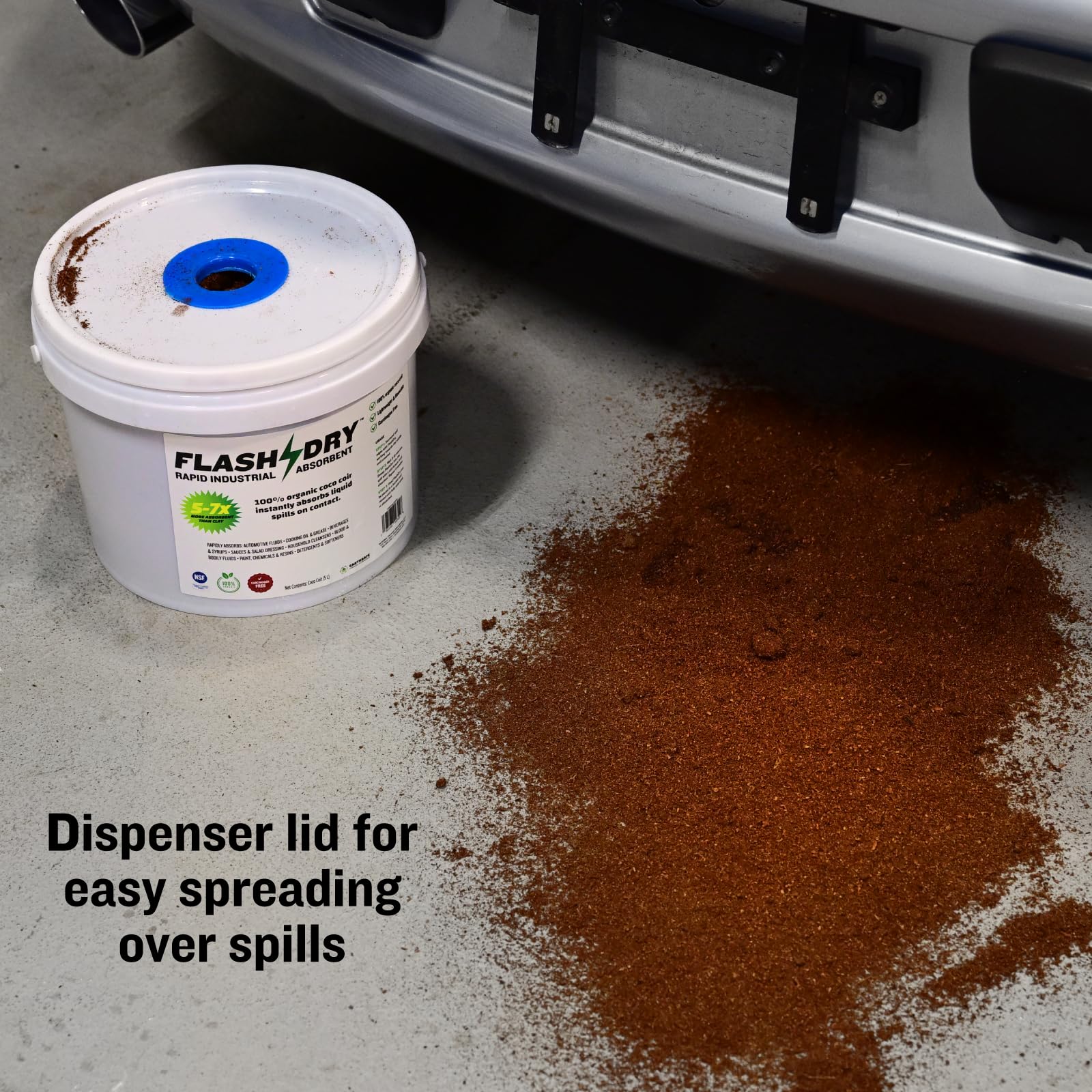 FlashDry Super Spill Absorbent, 5L Bucket with Dispenser Lid, 100% Organic Coco Coir, Landfill Safe, OSHA Approved, Ideal for Ab