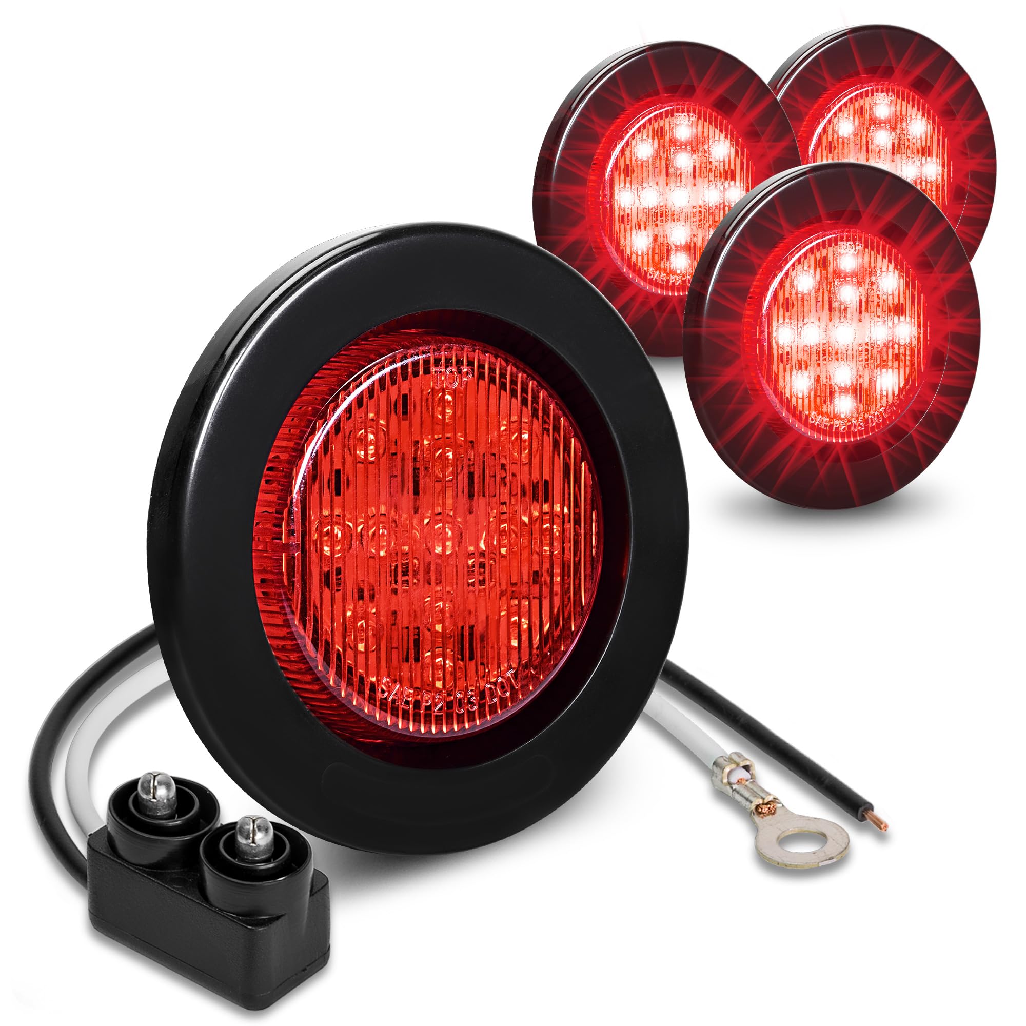 True Mods 4Pc 2.5'' 12V Red Round Led Clearance Side Marker Lights [Dot Fmvss 108] [Sae P2] [Reflector Lens] [Grommet & Plugs] [