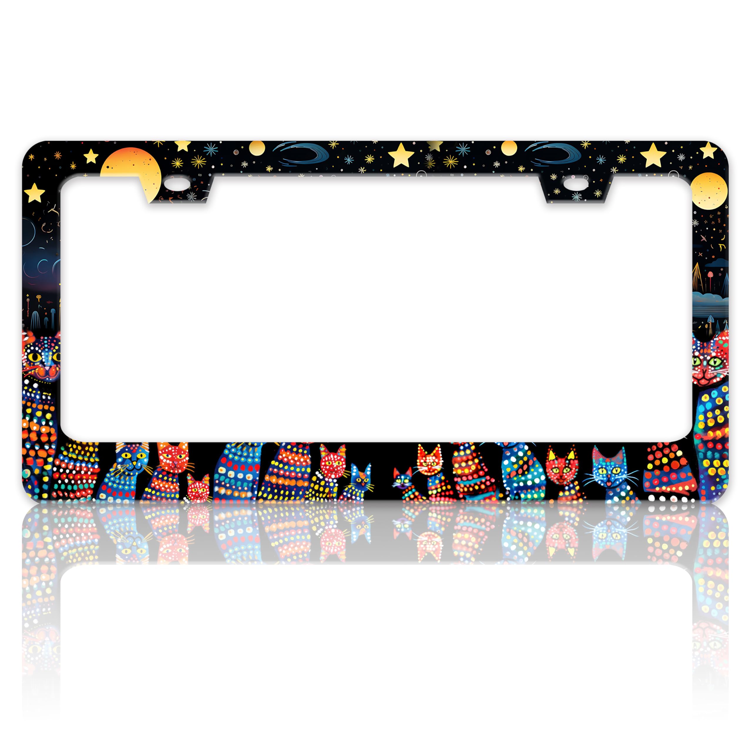 Cat License Plate Frame Night Kitten Art Pattern Stainless Steel License Plate Holder for Front and Rear Car Tags Funny for Car 