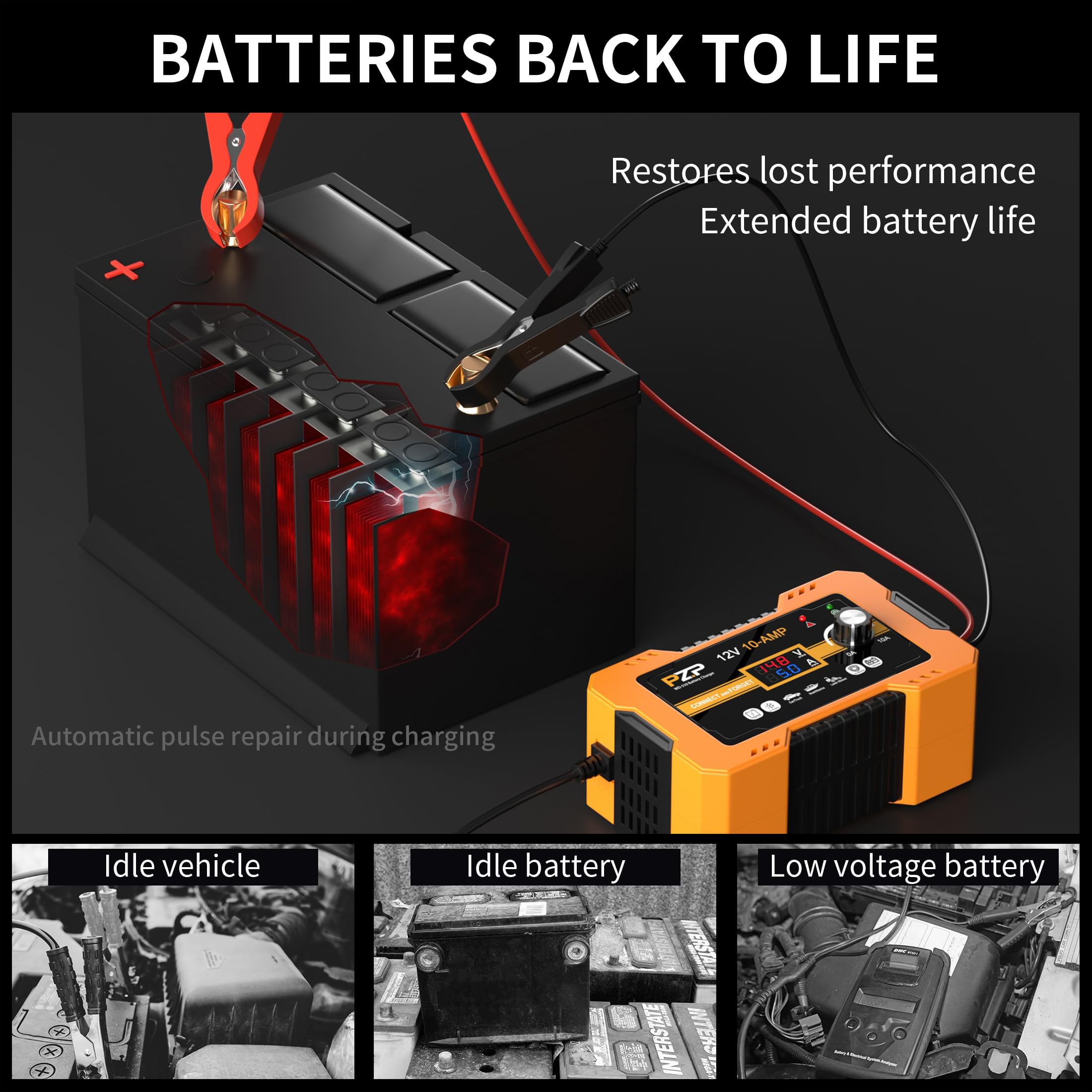Pz.P 12V Automatic Car Battery Charger, 0-10A Arbitrarily Adjustable Smart Trickle Charger, Auto Desulfator With Battery Repair,