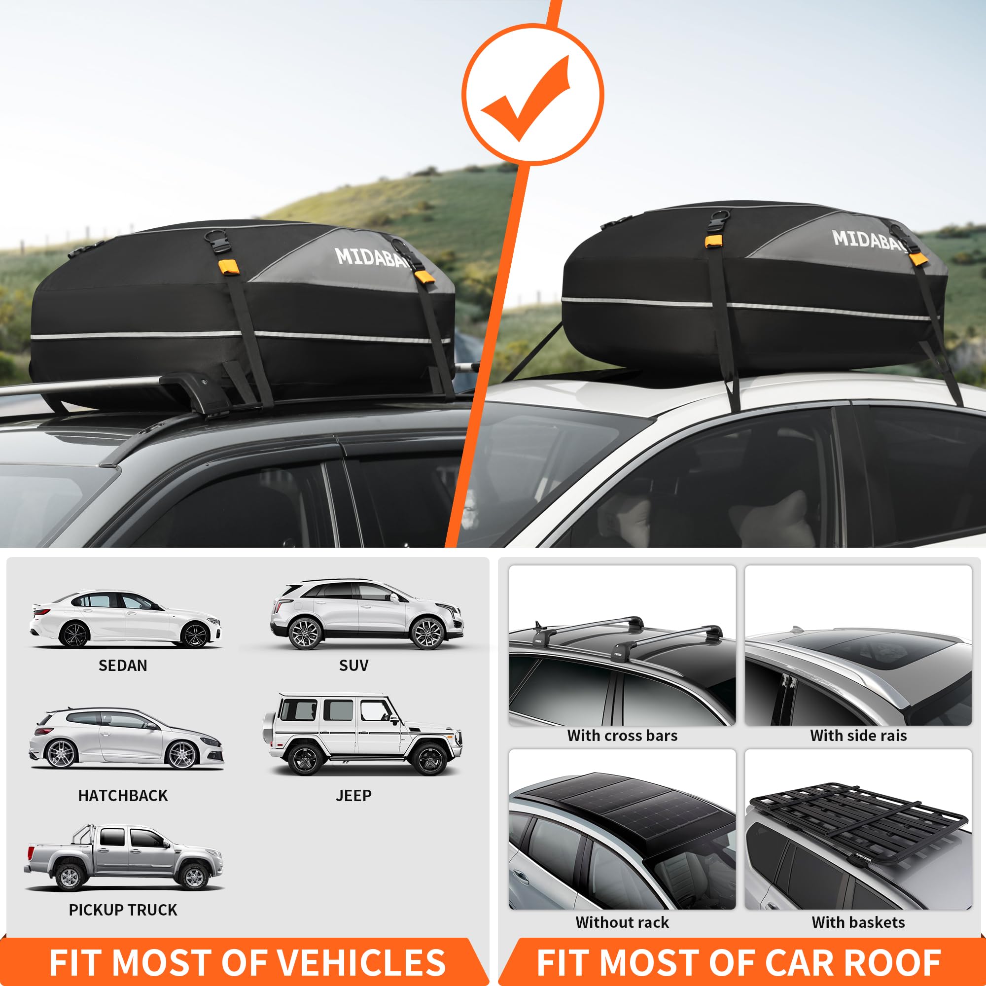 MIDABAO Waterproof Car Roof Top Carrier Bag, 12 Cubic Feet, Black, PVC Material, Includes Anti-Slip Mat, Model M-02
