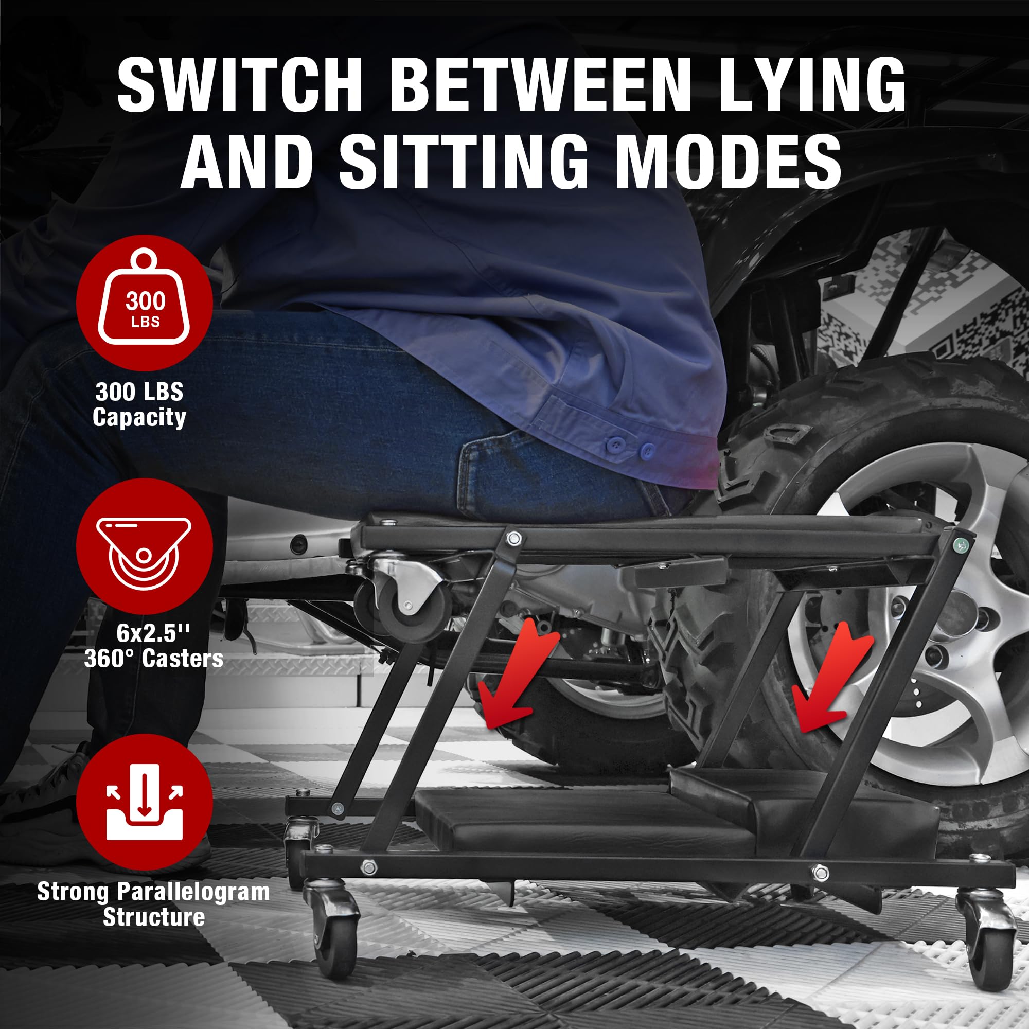 Big Red 36'' Rolling Foldable Automotive Creeper, Car Creeper, 2-In-1 Garage Shop Creeper For Auto Repair, 300 Lbs Capacity, Bla