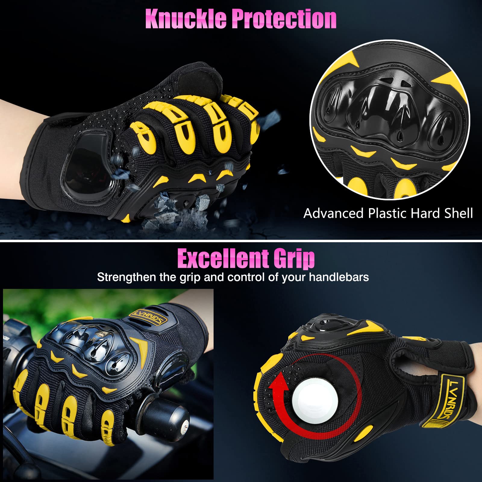 LVNRIDS Motorcycle Gloves for Men & Women, Full Finger Touchscreen, Large, Yellow, Model A030032-04-MCS-17B, Tactical Racing Gloves