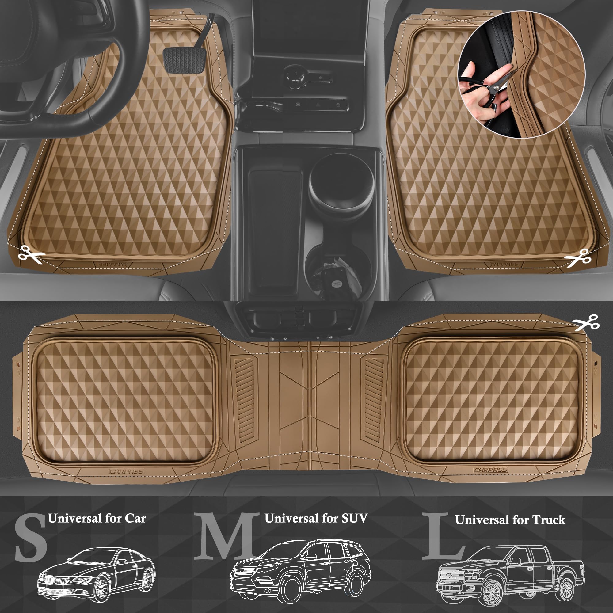 Car Pass Heavy Duty Rubber Beige Car Floor Mats & Cargo Liners, Deep Dish All-Weather Trunk Mats Durable Anti-Slip 3D Rhombus Wa