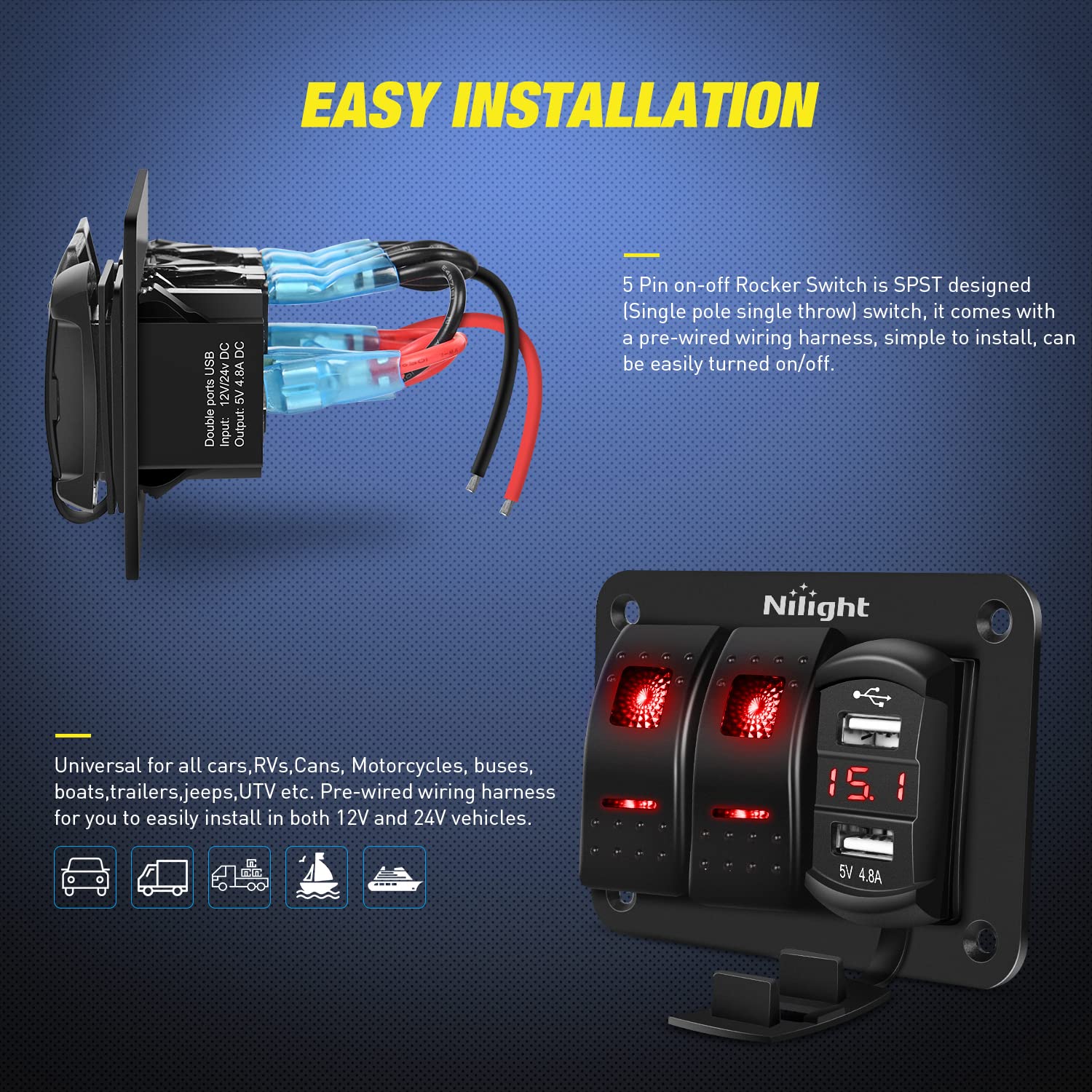 Nilight 2 Gang Rocker Switch Panel Red Backlit With 4.8 Amp Dual Usb Charger Voltmeter Waterproof 12V 24V Dc Night Glow Stickers