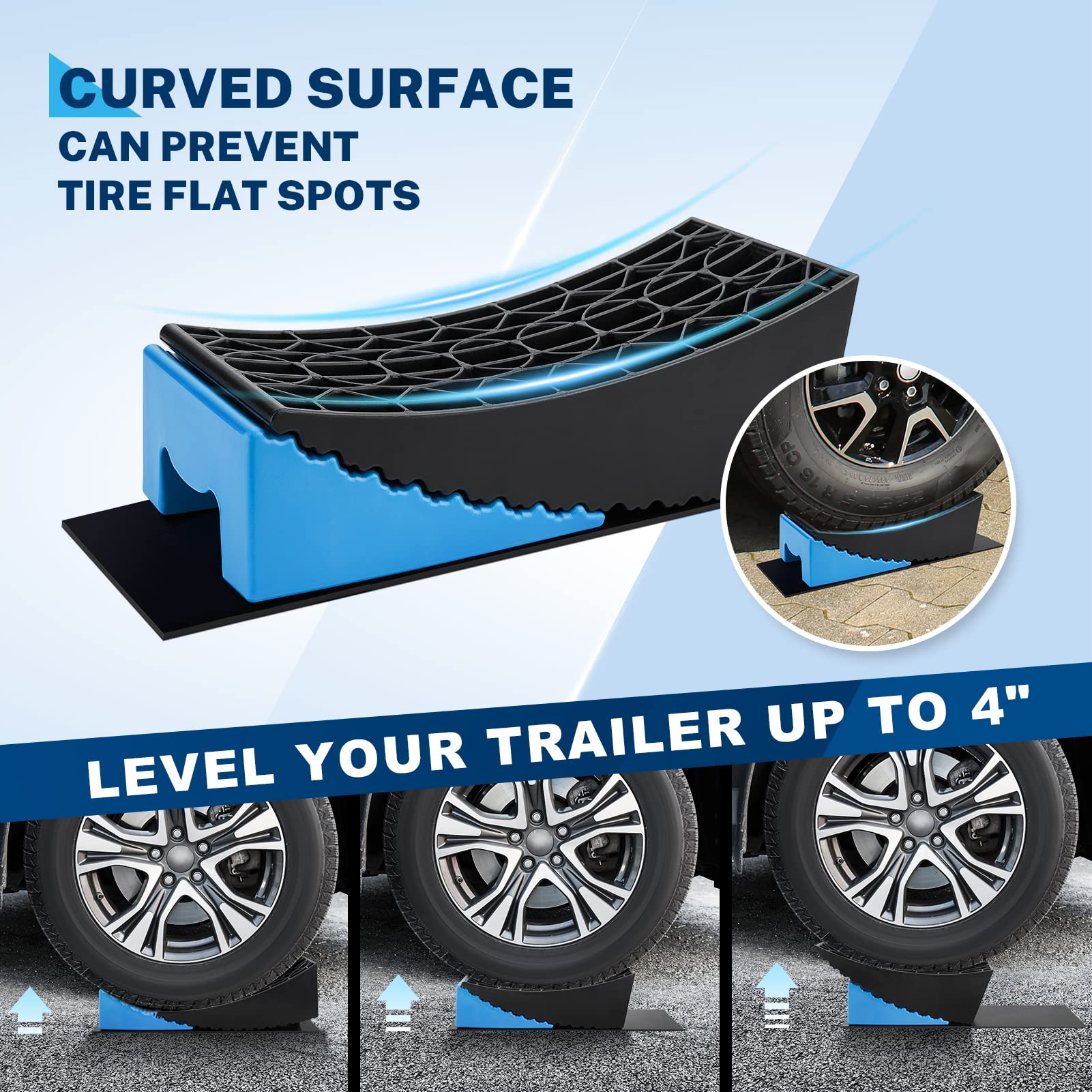 Kohree RV Leveling Blocks - 2 Packs, 35,000 lbs Capacity, HDPE, 4" Max Height, Blue & Black with Chocks & Mats, Model HY1650