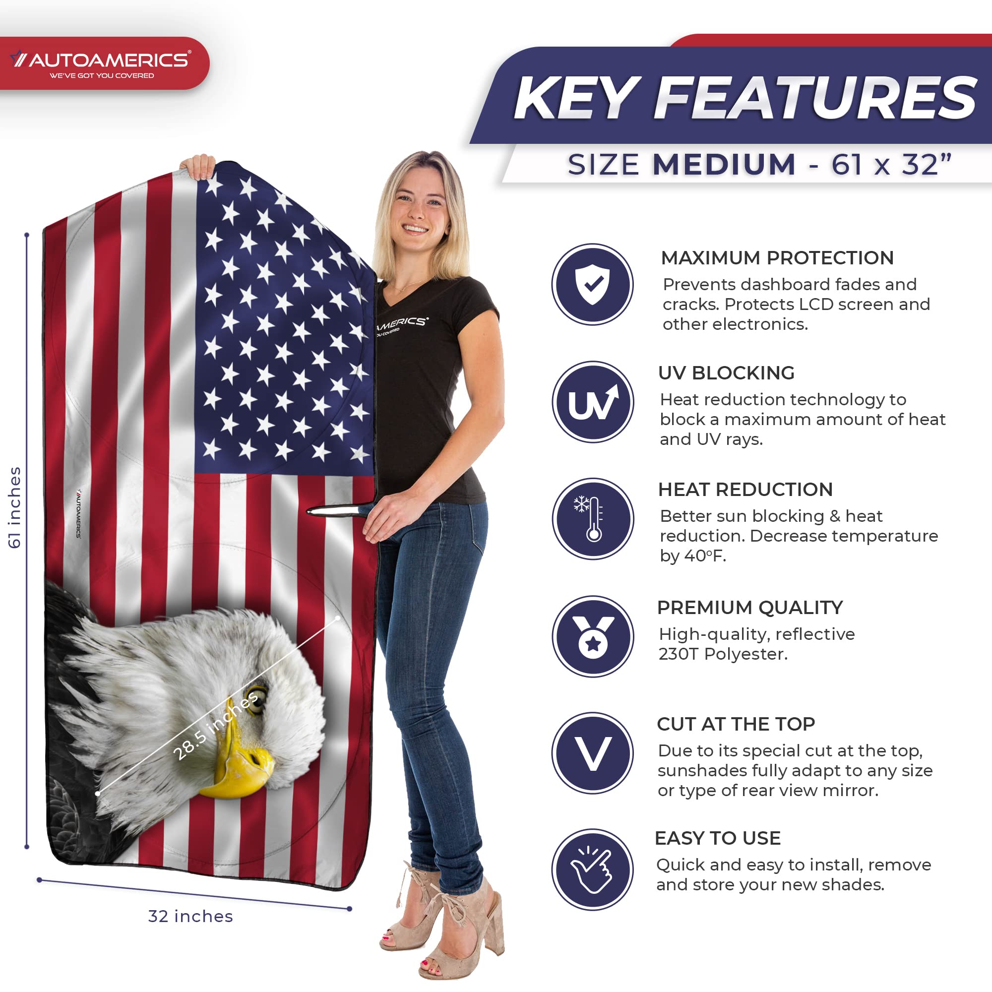 Autoamerics 1-Piece Windshield Sun Shade New American Eagle Flag Usa Patriotic Design - Foldable Car Front Window Sunshade For S