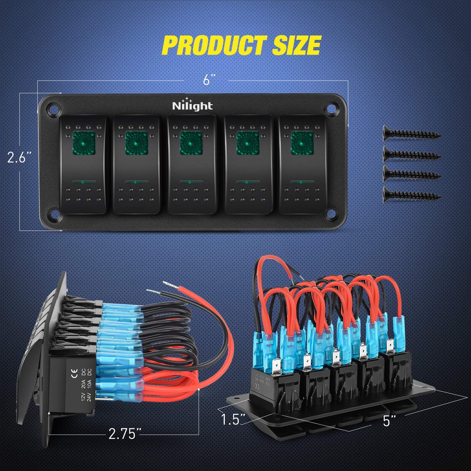 Nilight 5 Gang Rocker Switch Panel 5Pin On Off Toggle Switch Aluminum Holder 12V 24V Dash Pre-Wired Green Backlit Switches For A