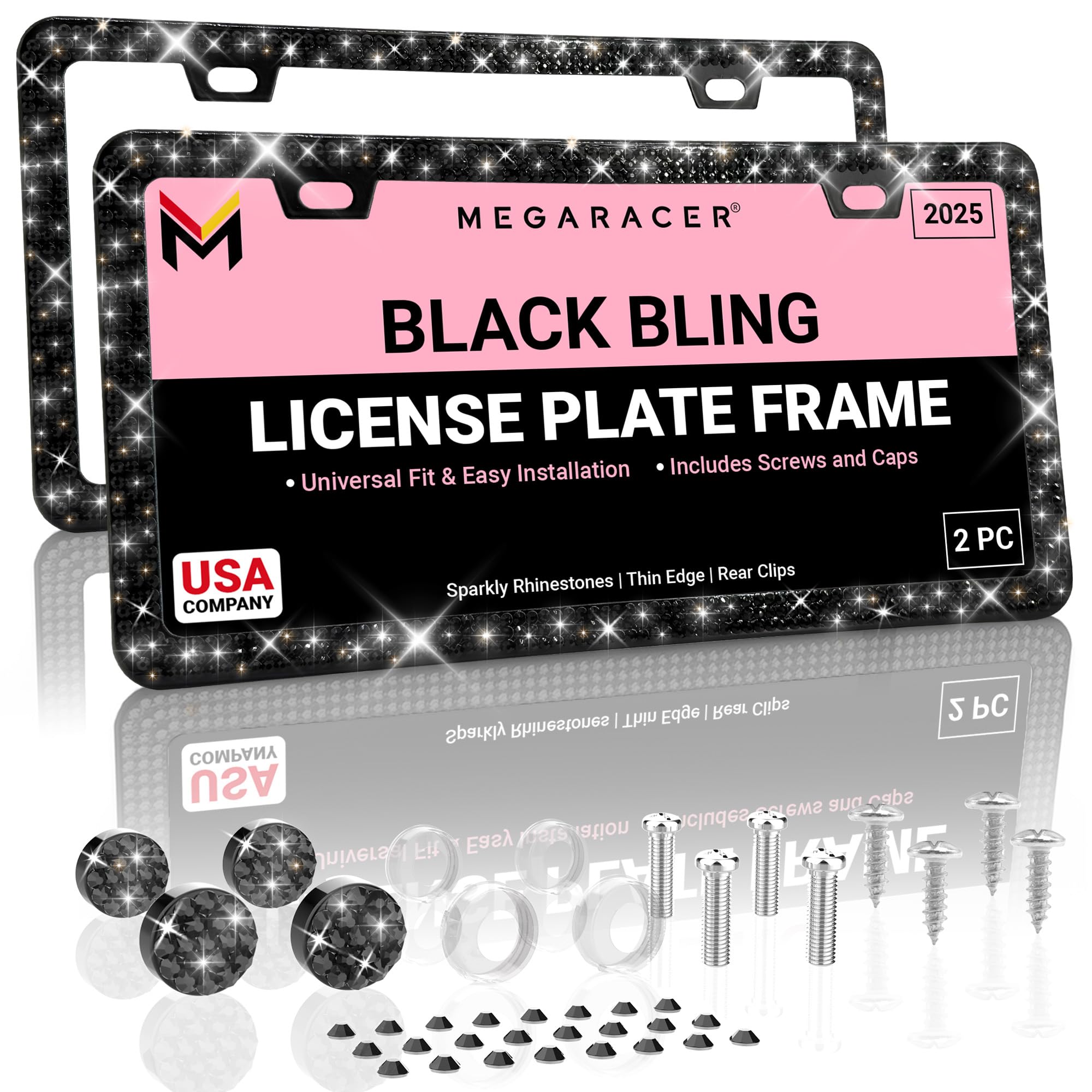 Black Bling License Plate Frames For Women | 2 Pack | Sparkly Rhinestone Black License Plate Frame | Bling Licence Plate Frame H