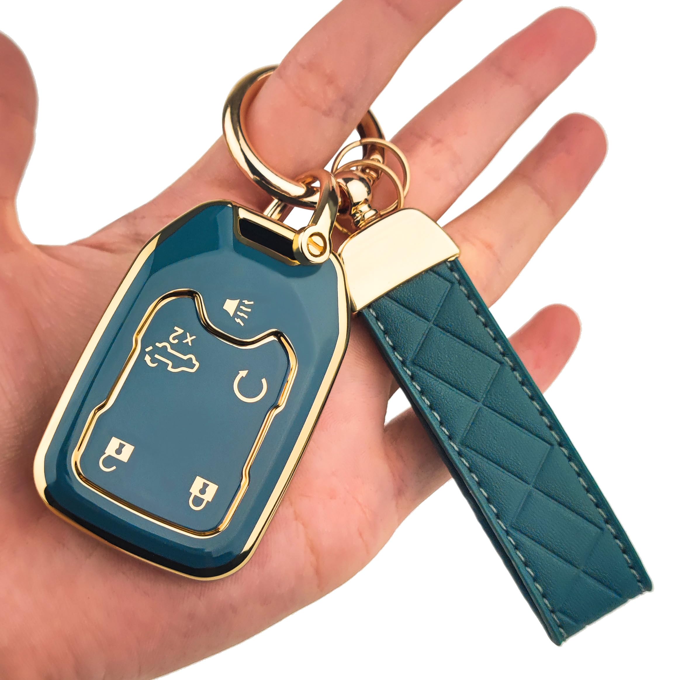 Ollen 5-Button Tpu Key Fob Cover, Fit For Gmc Acadia 2017-2024, For Terrain 2018-2024, Fit For Sierra 2019-2024, For Chevy Silverado 2019-2022, Full Protection Soft Tpu Key Case, With Keychain, Blue