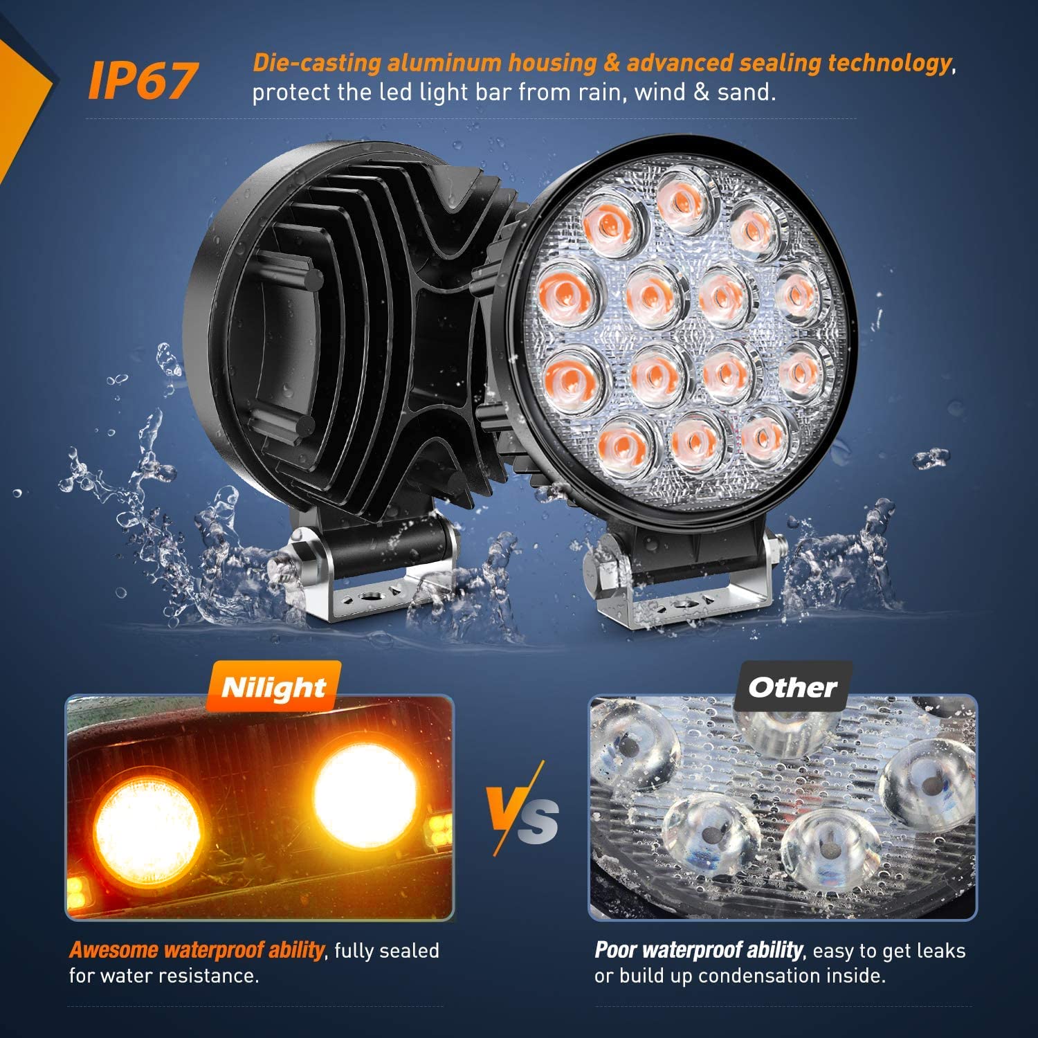 Nilight 4.5Inch 42W 4200Lm Amber Led Light Pods Round Flood Lights For Off Road, Roof & Fog - 16Awg Wiring Harness Kit-2 Leads