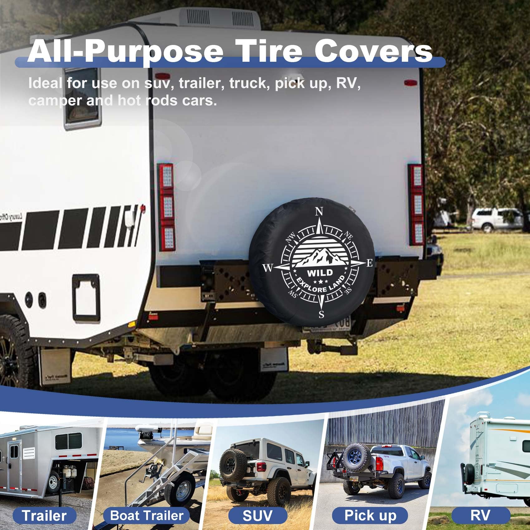 Explore Land 28-29.75 Inch Spare Tire Cover Fit Trailer, Rv, Suv, Truck, Tough Tire Wheel Soft Cover, Compass
