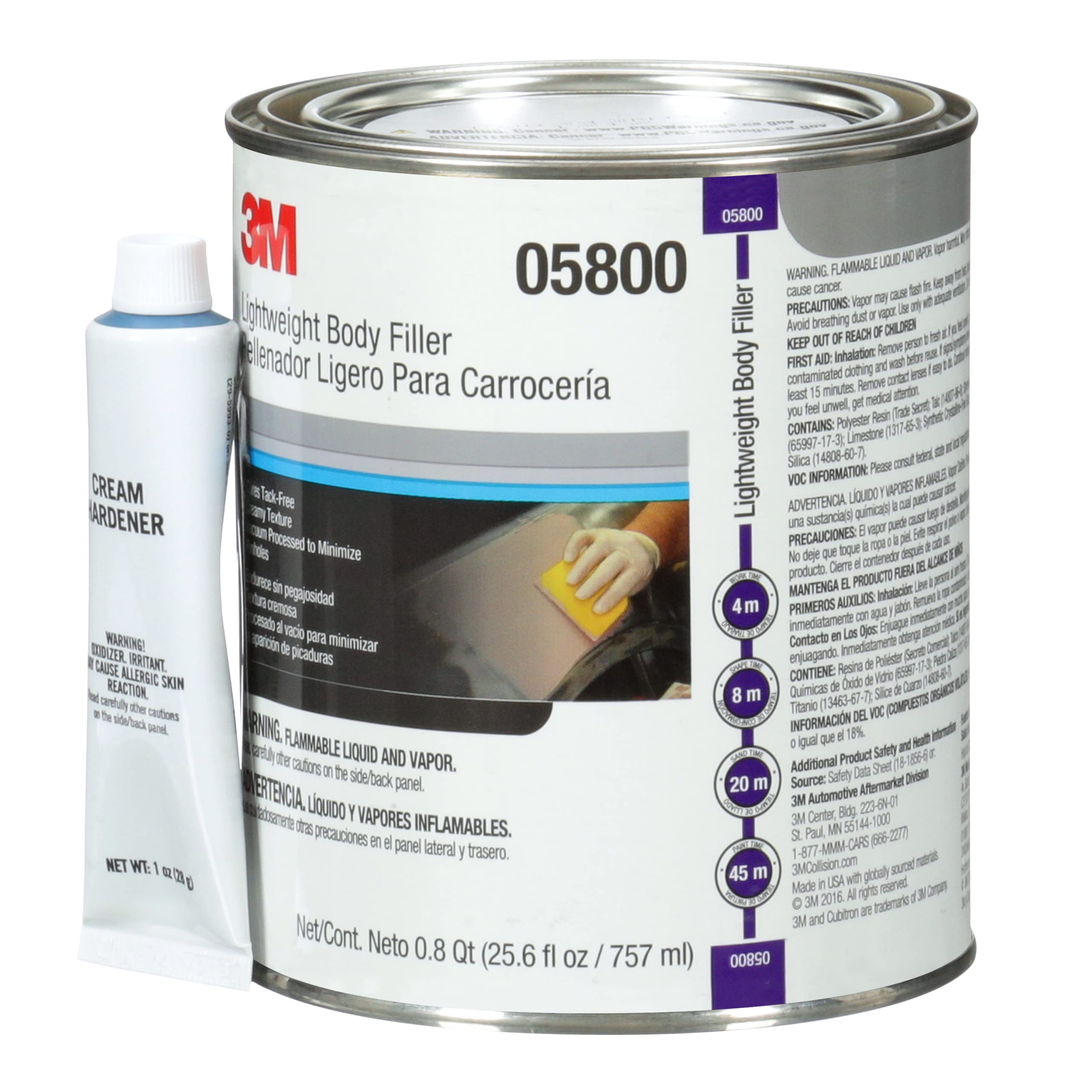 3M Lightweight Body Filler, 1 qt, White, Model 05800, Repairs Dents & Dings for Automotive