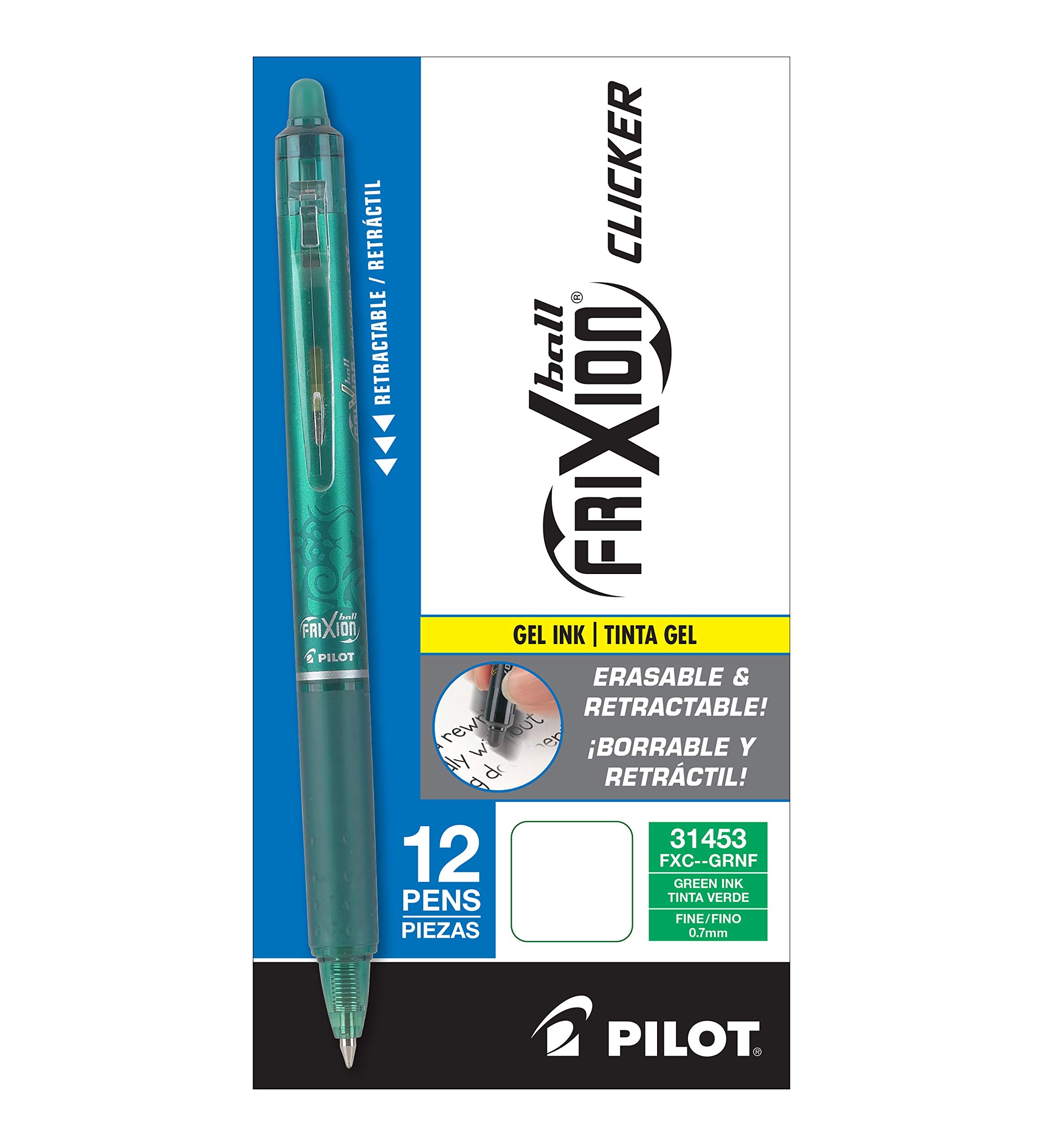 PILOT FriXion Clicker Erasable Gel Pens, Fine Point 0.7mm, Green, Pack of 12, Plastic