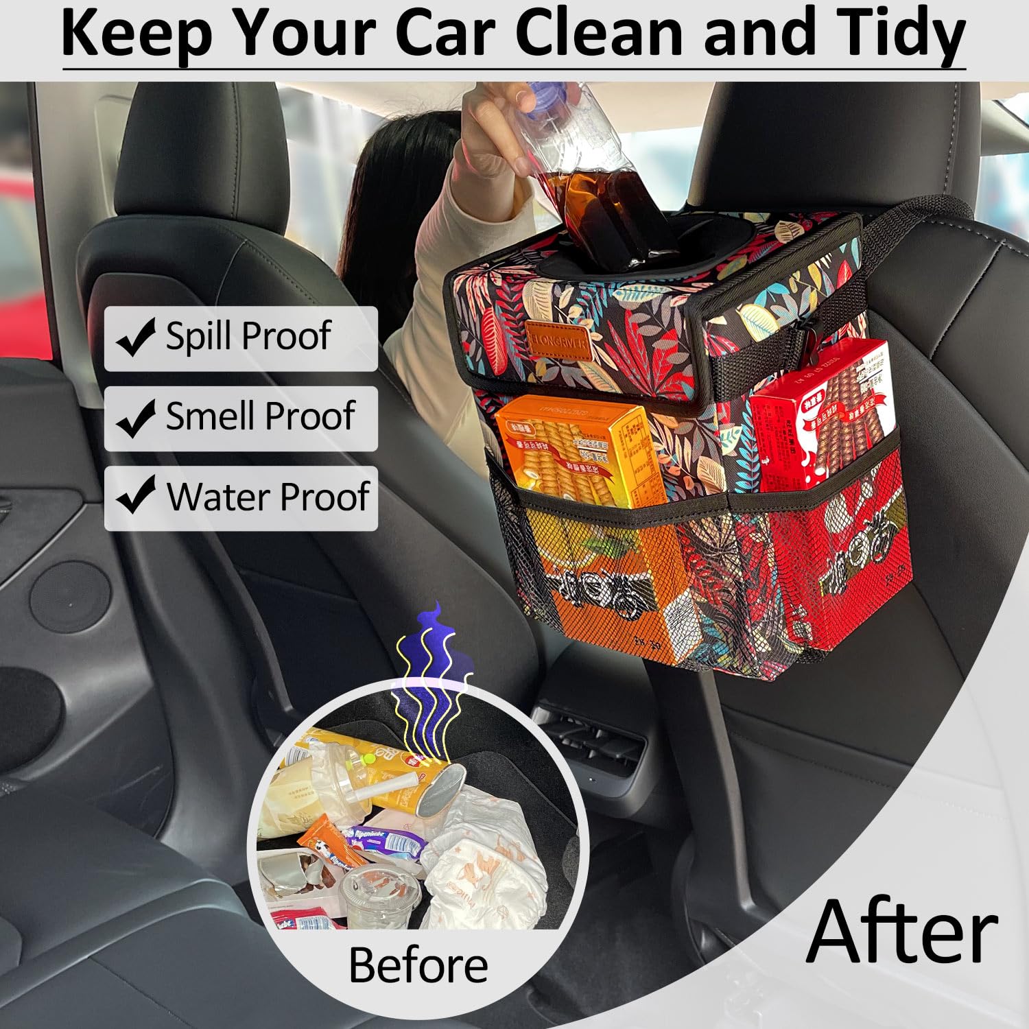 ELONGRIVER Car Trash Can Bin, 2 Gallon Leak Proof Polyester, Red Leaves, Model 220908-9, Hanging Vehicle Garbage Bag for SUV Truck Van
