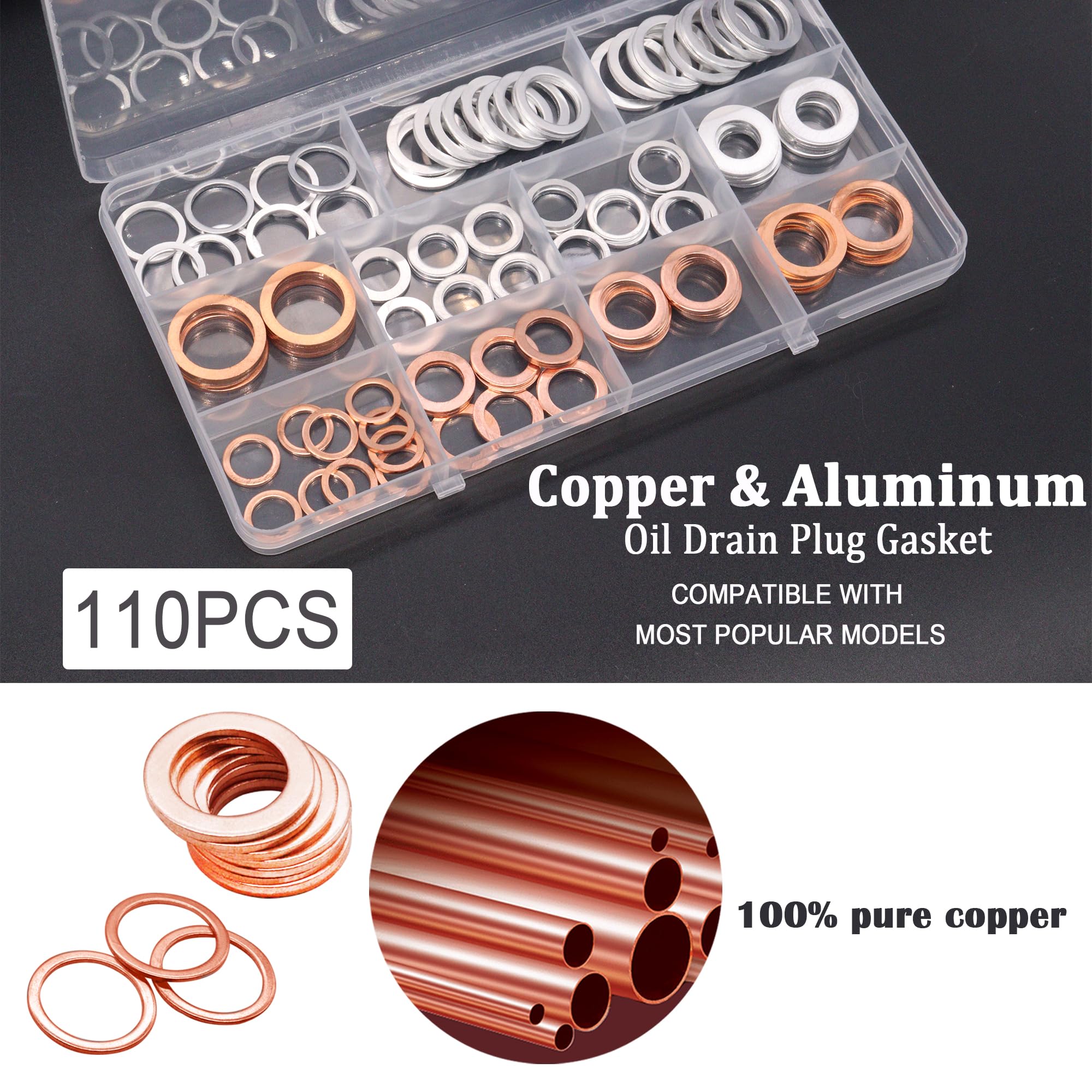 maierke 110PCS Crush Washer Oil Drain Plug Gasket Assortment,50PCS 5 Sizes Copper and 60PCS 6 Sizes Aluminum Oil Plug Washers Au