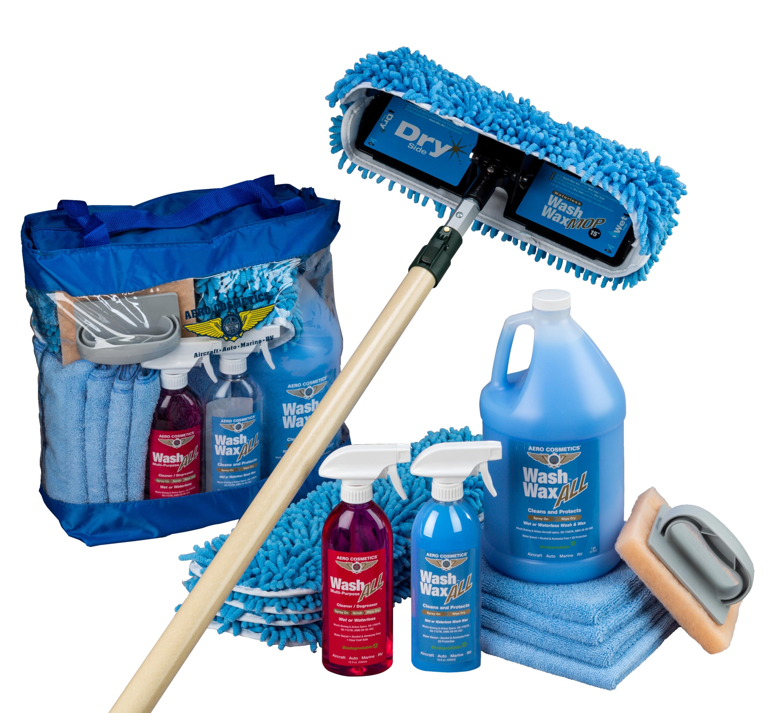 Aero Cosmetics Waterless Rv Aircraft Boat Wash Wax Mop Kit With Fiberglass Pole 4' 2'' To 7' 8'' No Ladder Needed, Wash, Wax, Dr