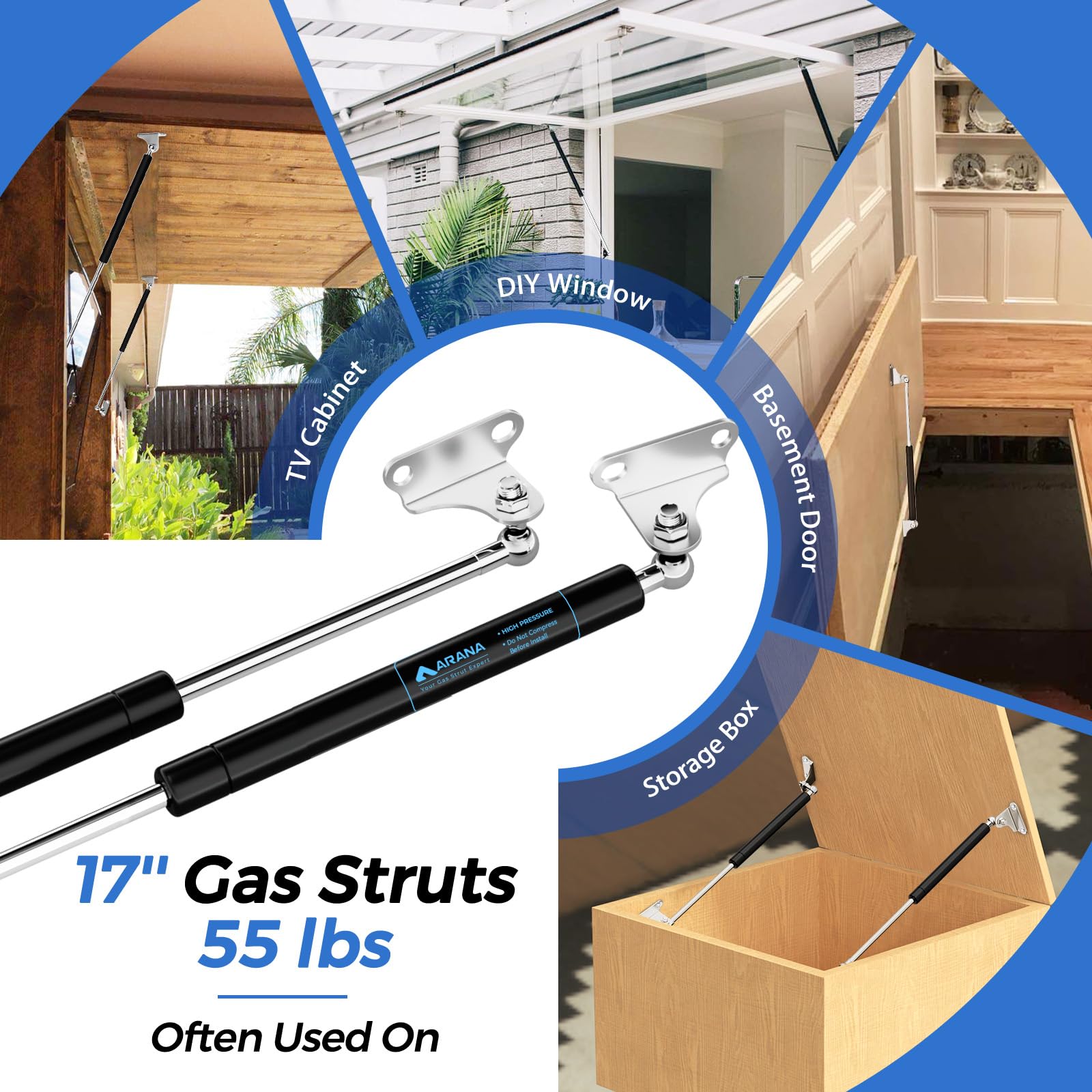 Arana Gas Struts 17 Inch 55Lb Gas Shocks Spring, 17'' 245N Gas Props Lift Support With Mounting Bracket For Heavy Duty Lid Rv Be