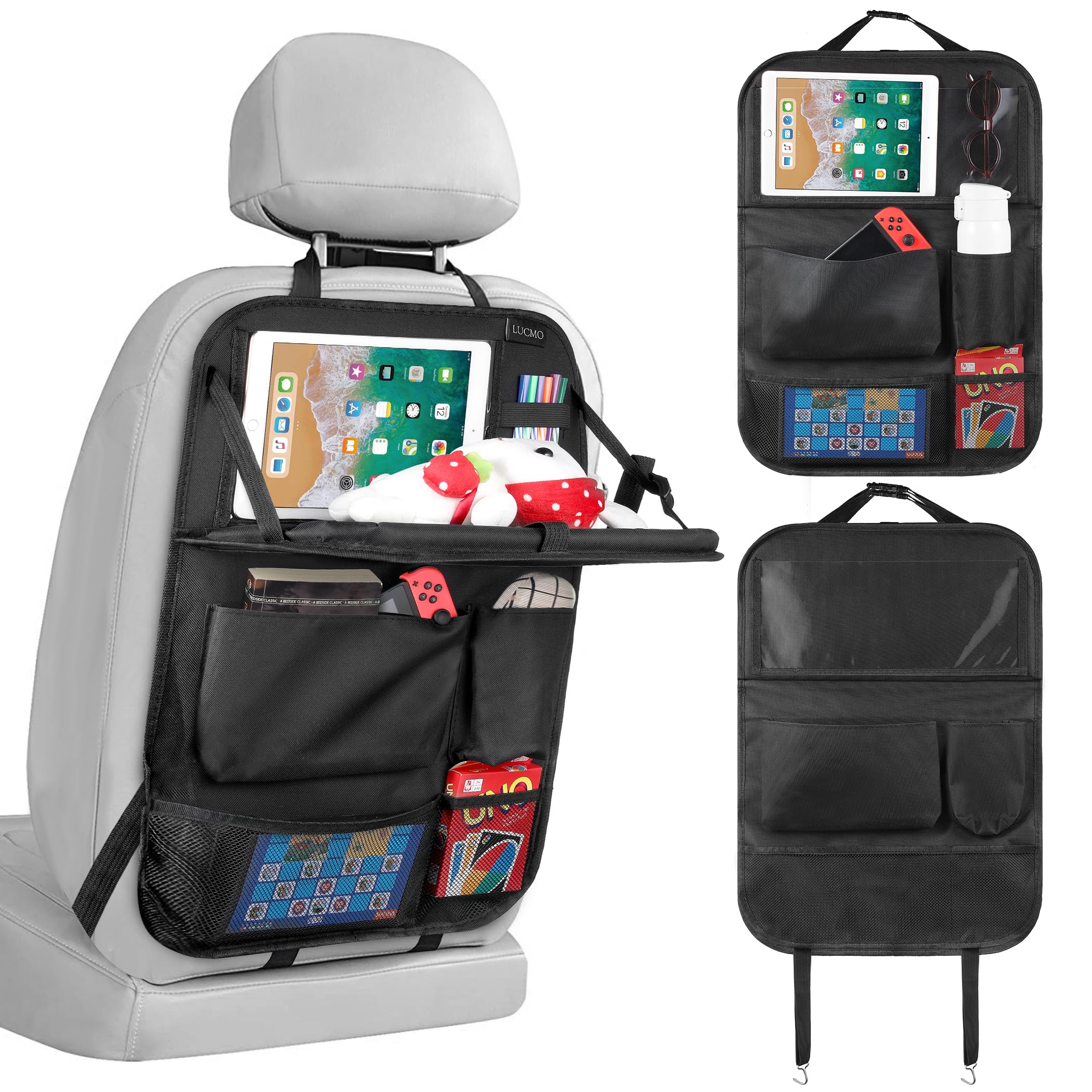 Lucmo Car Backseat Organizer With Tablet Holder,6 Storage Pockets Car Storage Organizer With Foldable Food Tray,Car Seat Back Protectors Kick Mats Travel Accessories-Black