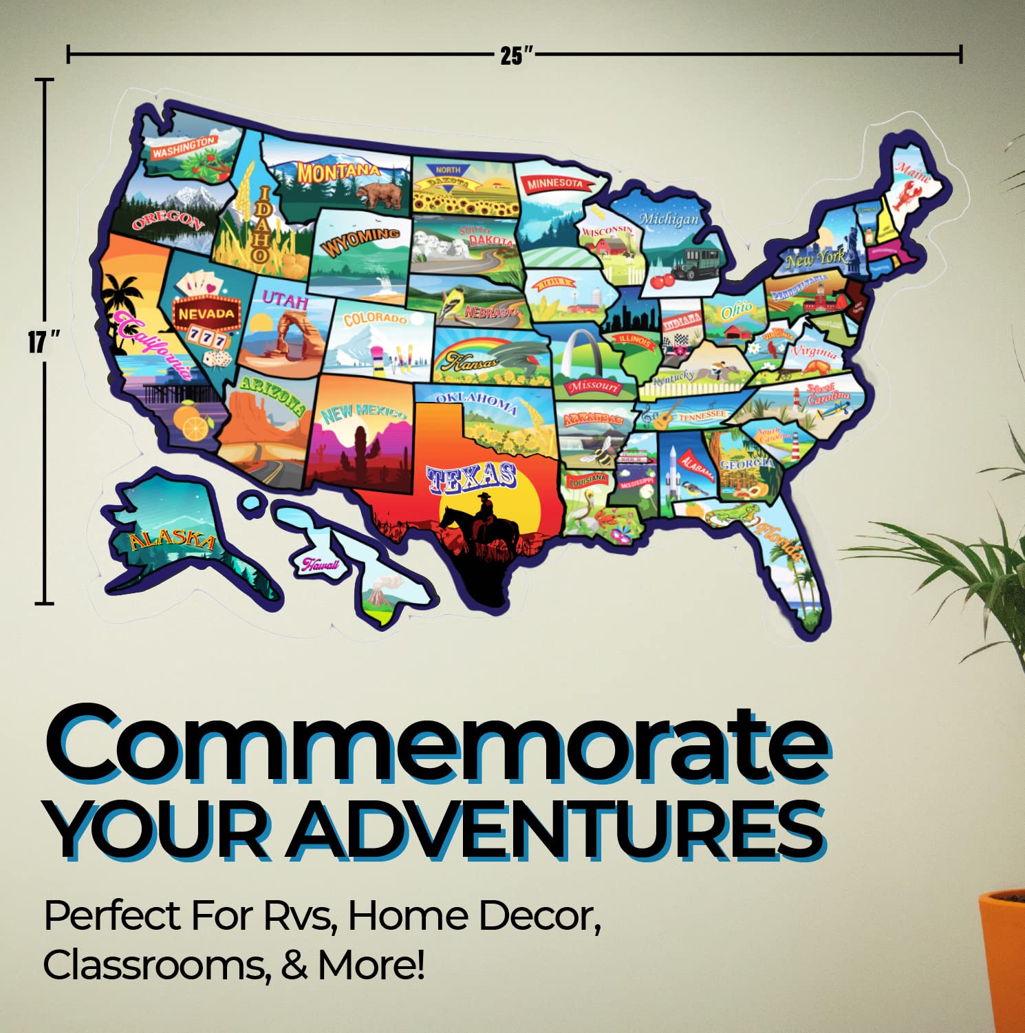 GLIBERTVILLAGEGOODS RV State Sticker Travel Map - 25x17 inch Vinyl USA Map with 50 Waterproof Stickers - Fun for Camper & Motorhome