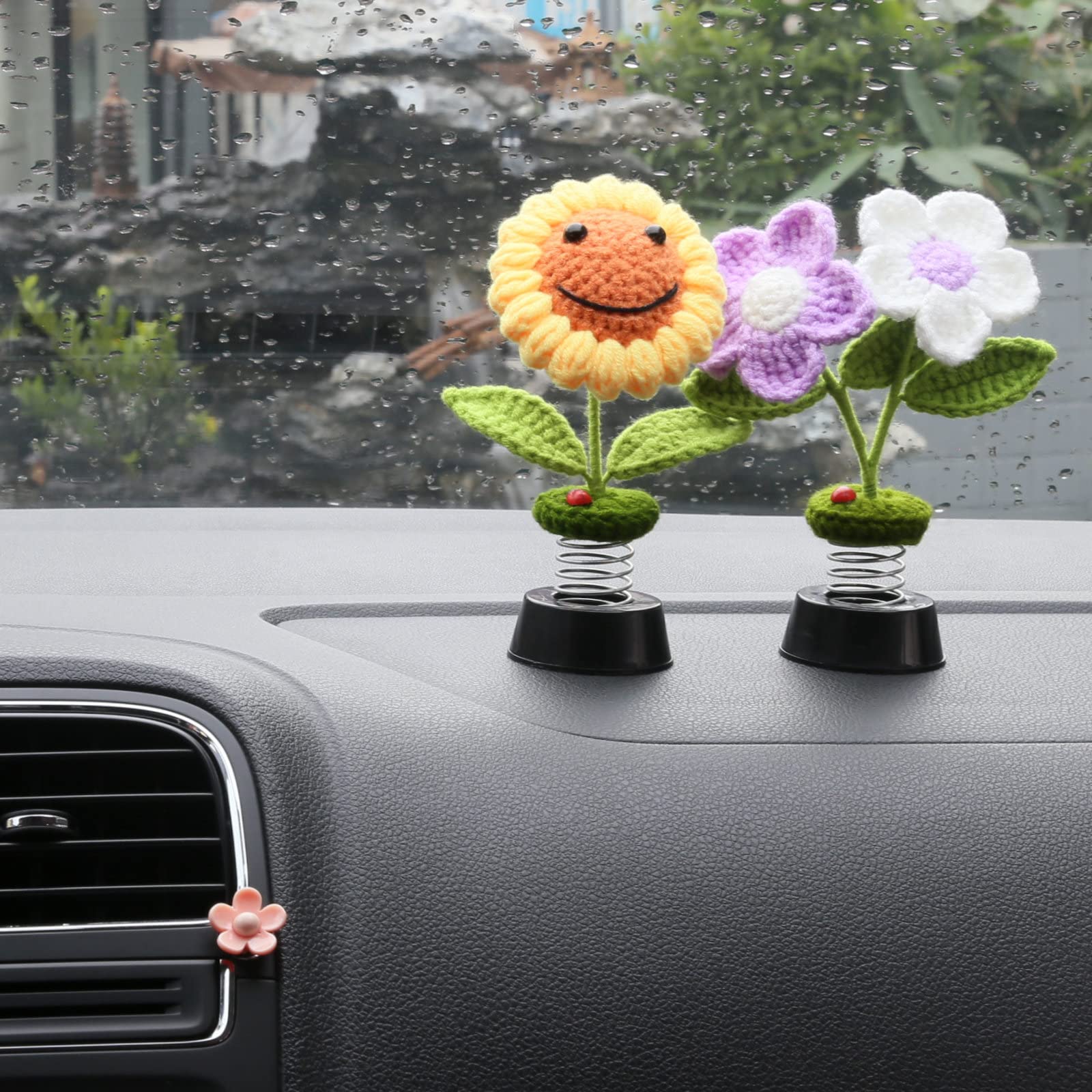 Levvohd Sun Flower Car Dashboard Decorations, Dashboard Bobbleheads Knitted Flowers for Women Car Ornament Accessories (Handmade