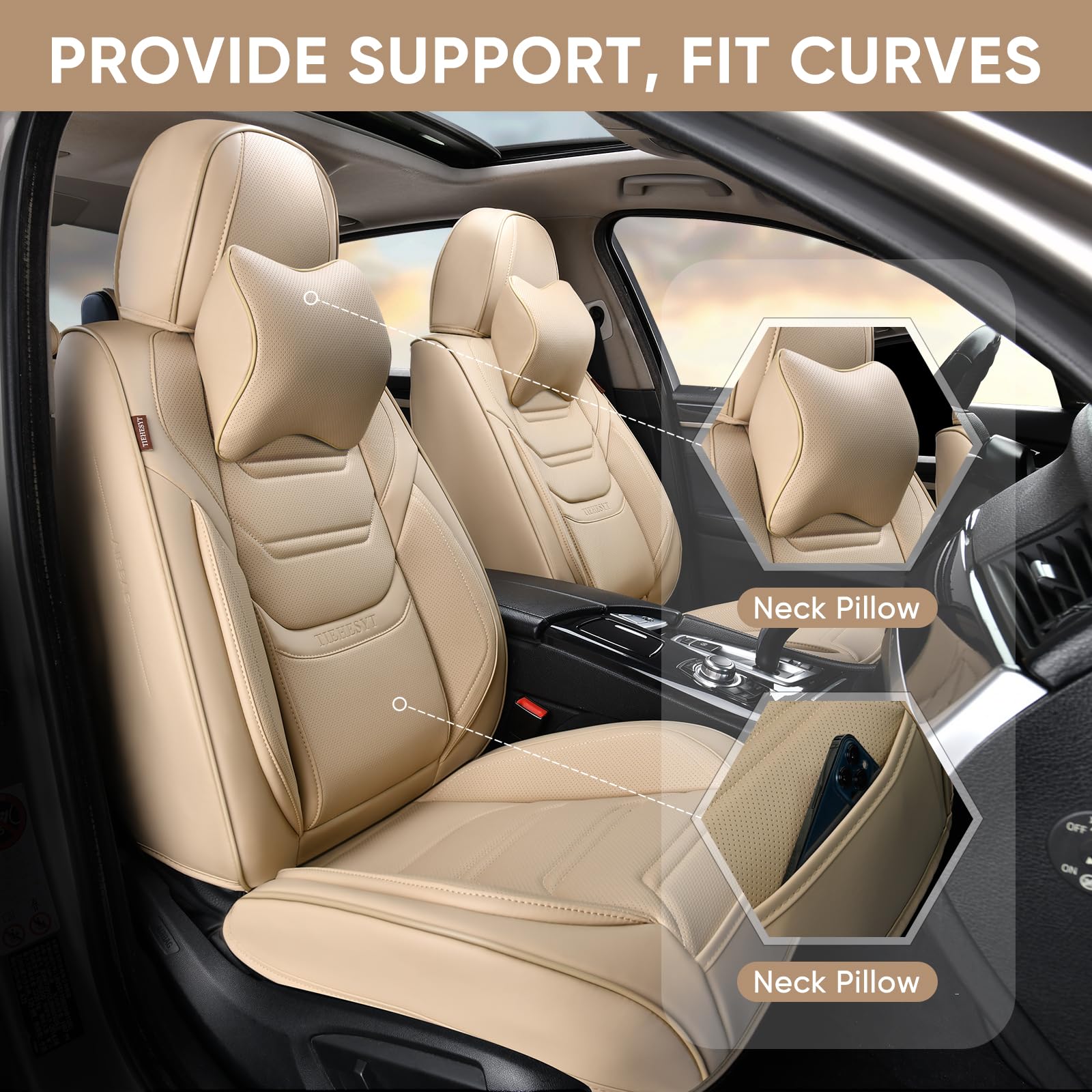TIEHESYT Beige Faux Leather Car Seat Covers Full Set, Breathable Front & Rear Covers for Most Cars, SUVs, and Trucks