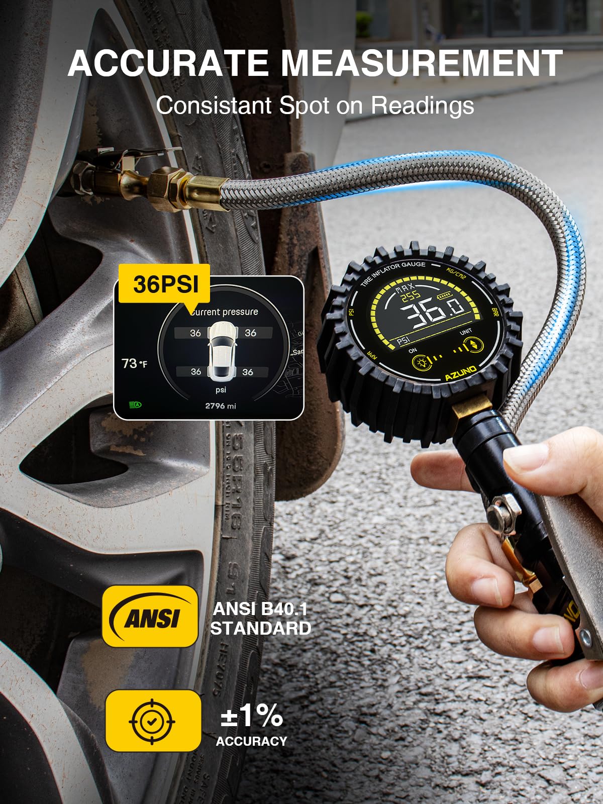 AZUNO Digital Tire Pressure Gauge 255PSI with Steel Braided Hose & Quick Connect Coupler for Trucks, Cars, SUVs, RVs, Bikes