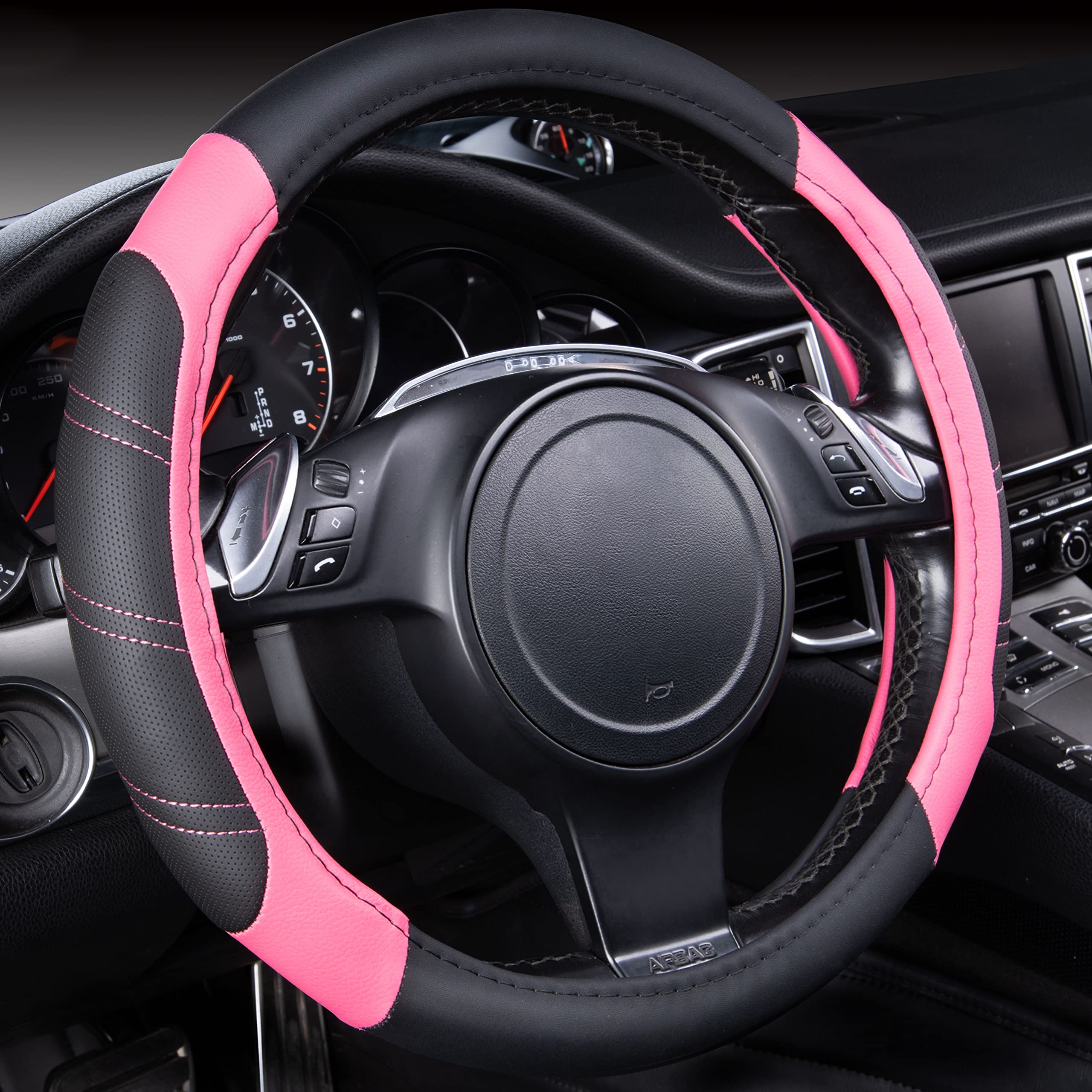 Car Pass Line Rider Microfiber 14 Inch Leather Sporty Steering Wheel Cover Universal Fits For 95% Truck,Suv,Cars, Anti-Slip Safe